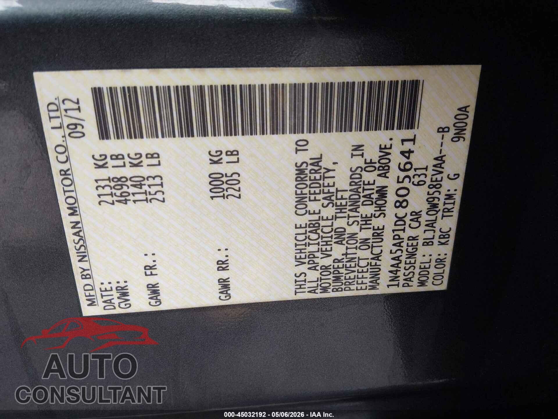 NISSAN MAXIMA 2013 - 1N4AA5AP1DC805641