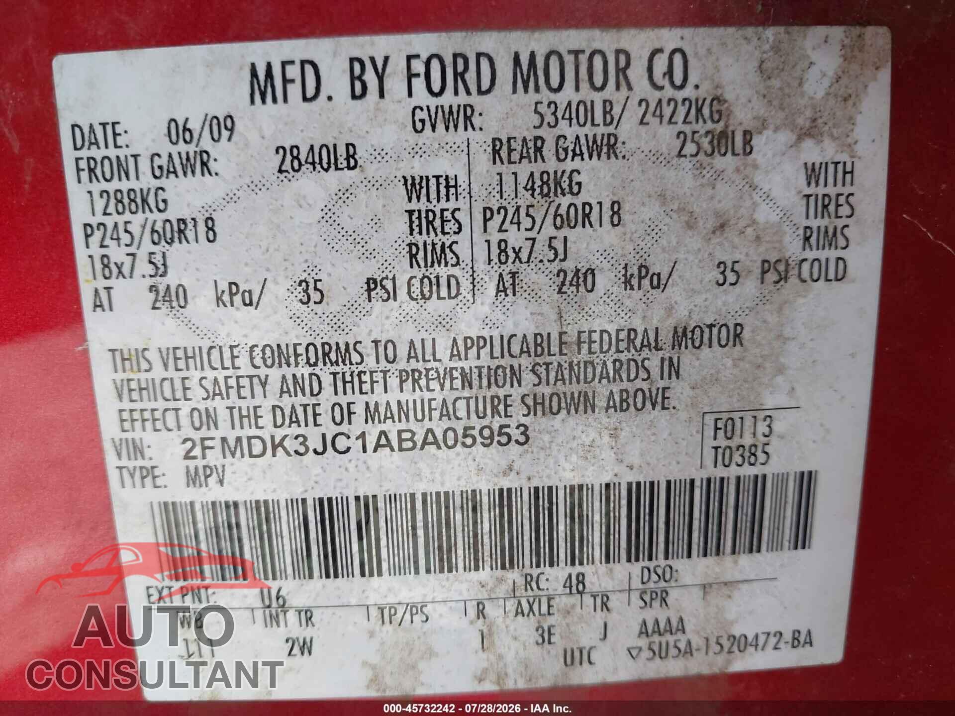FORD EDGE 2010 - 2FMDK3JC1ABA05953