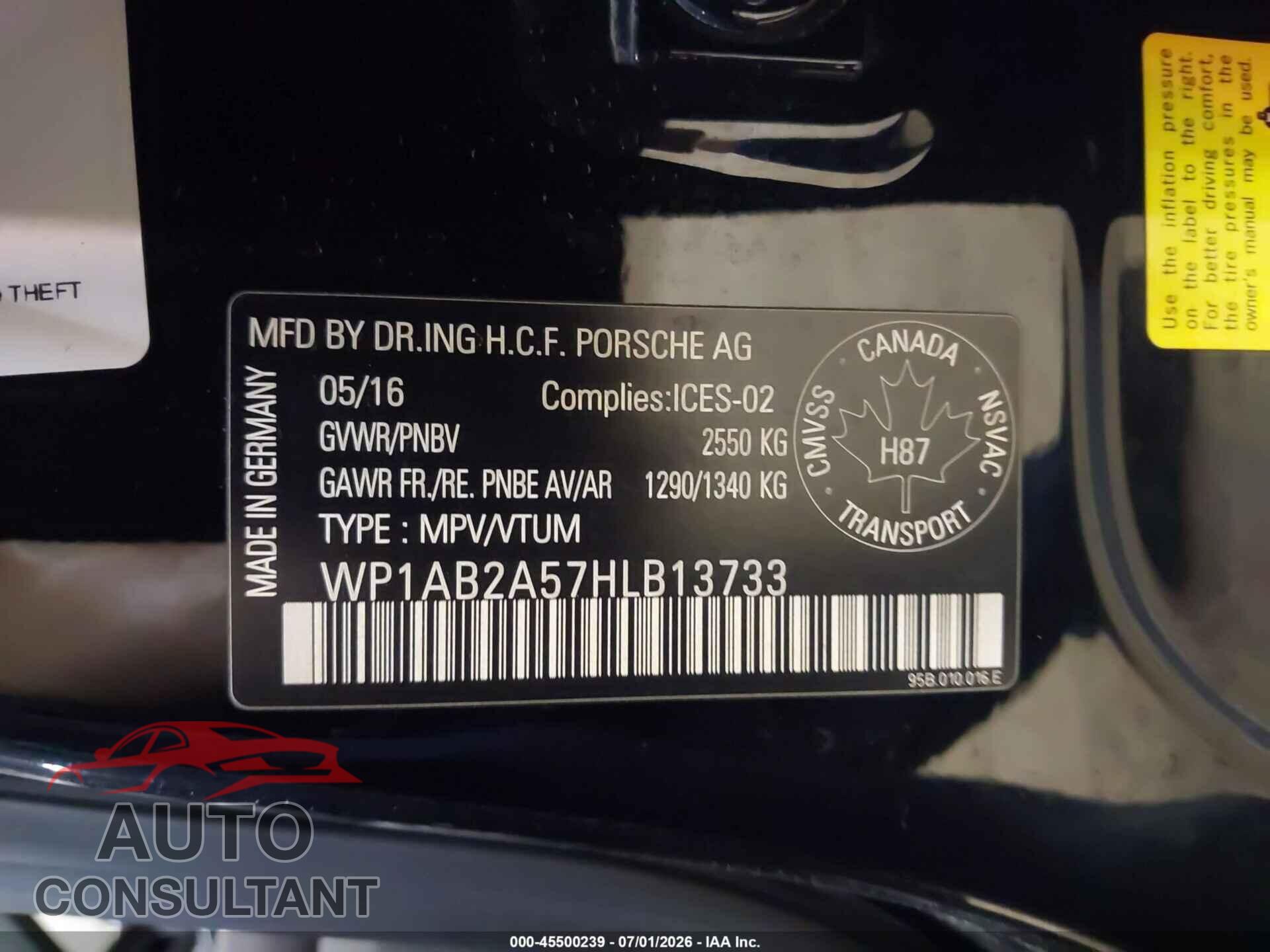 PORSCHE MACAN 2017 - WP1AB2A57HLB13733