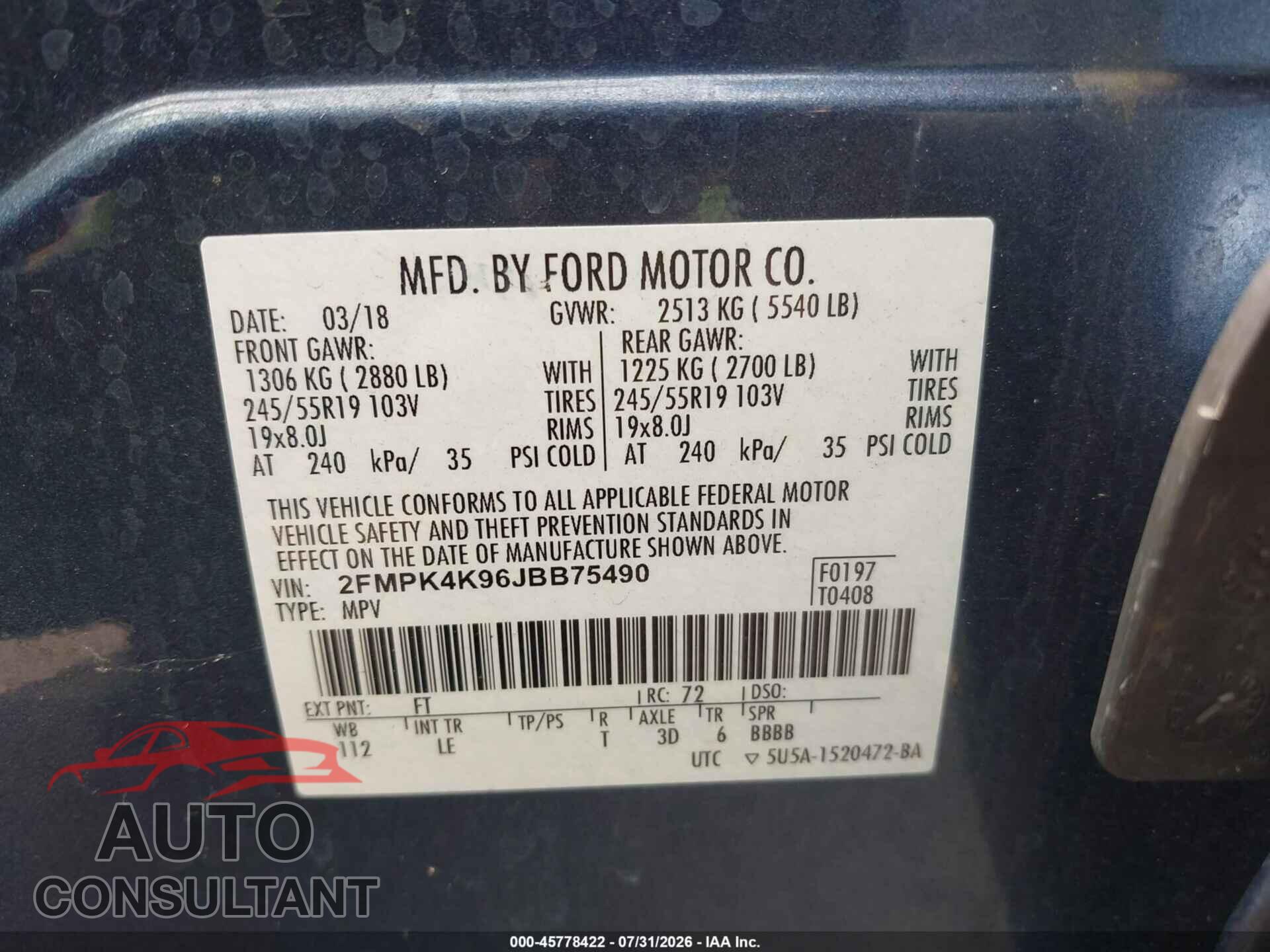 FORD EDGE 2018 - 2FMPK4K96JBB75490