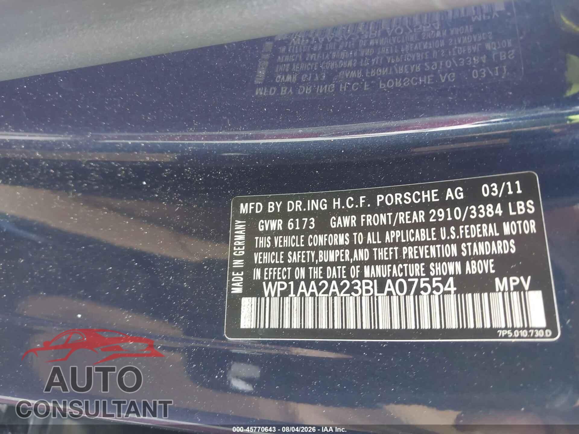 PORSCHE CAYENNE 2011 - WP1AA2A23BLA07554