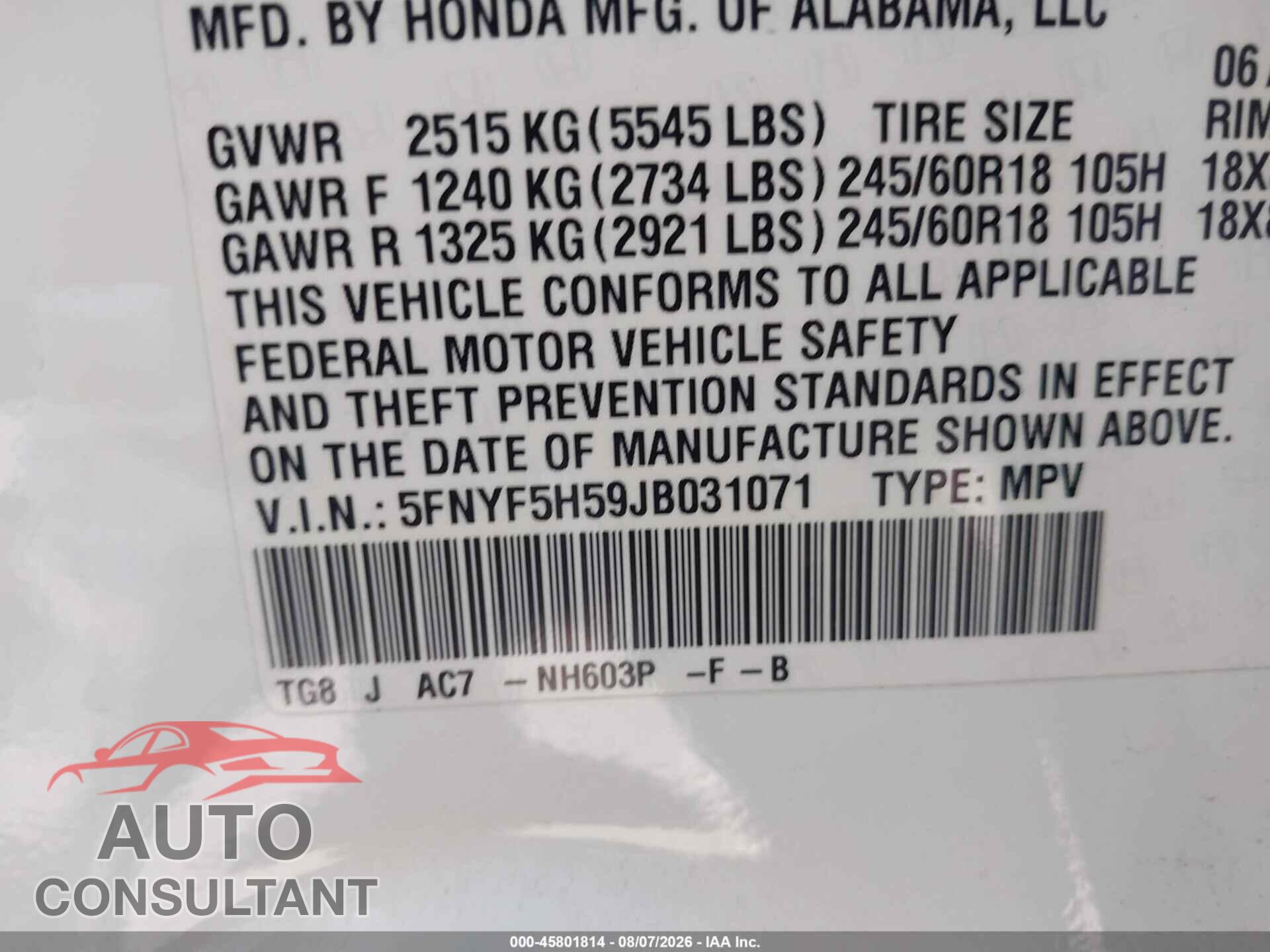 HONDA PILOT 2018 - 5FNYF5H59JB031071