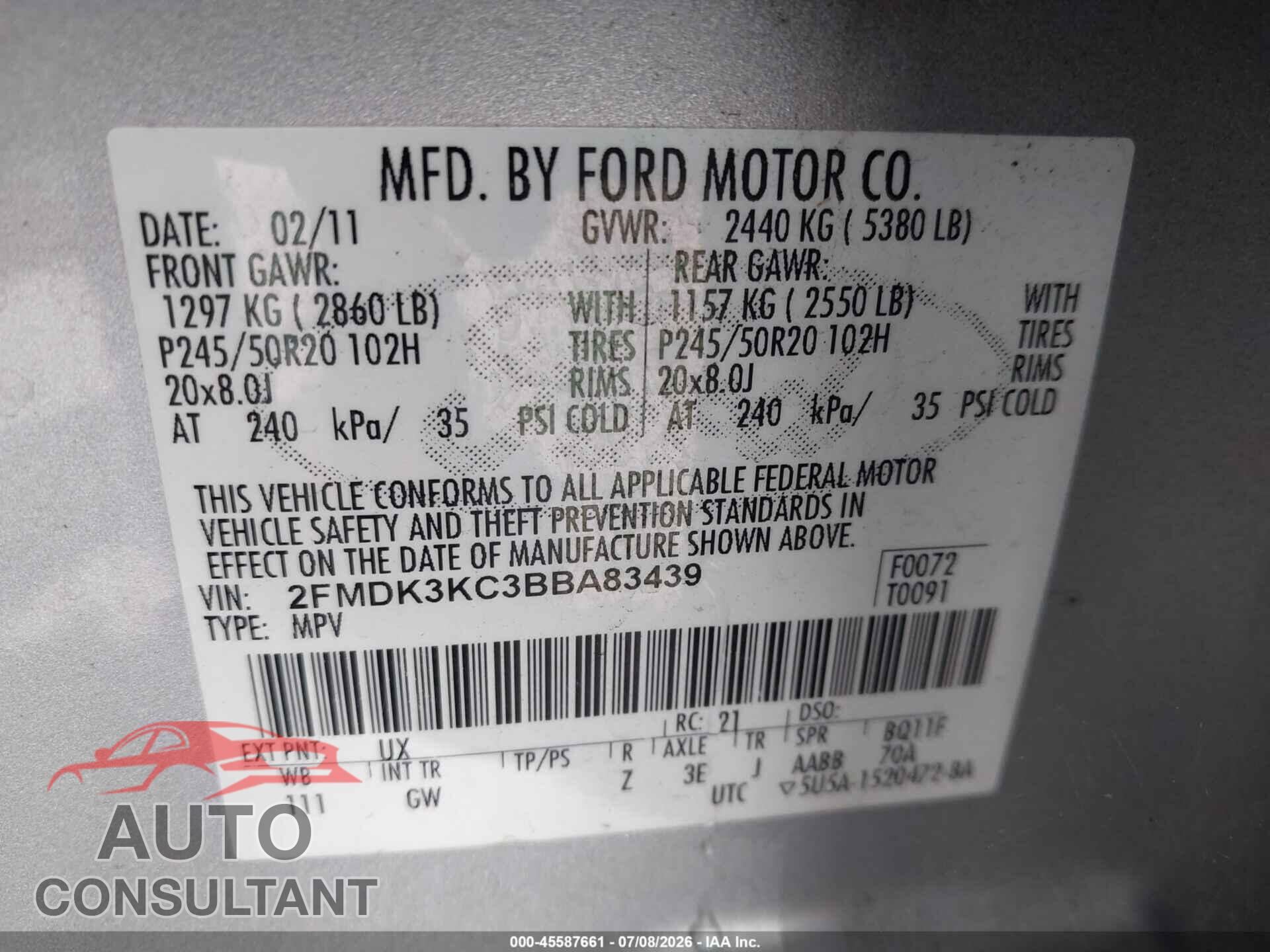 FORD EDGE 2011 - 2FMDK3KC3BBA83439