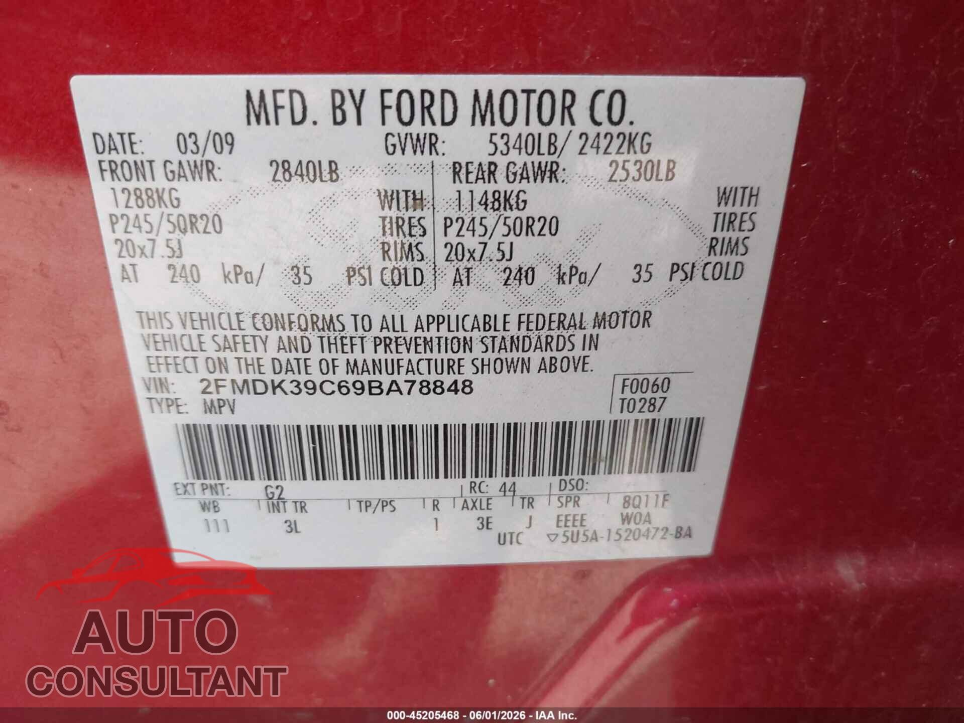 FORD EDGE 2009 - 2FMDK39C69BA78848