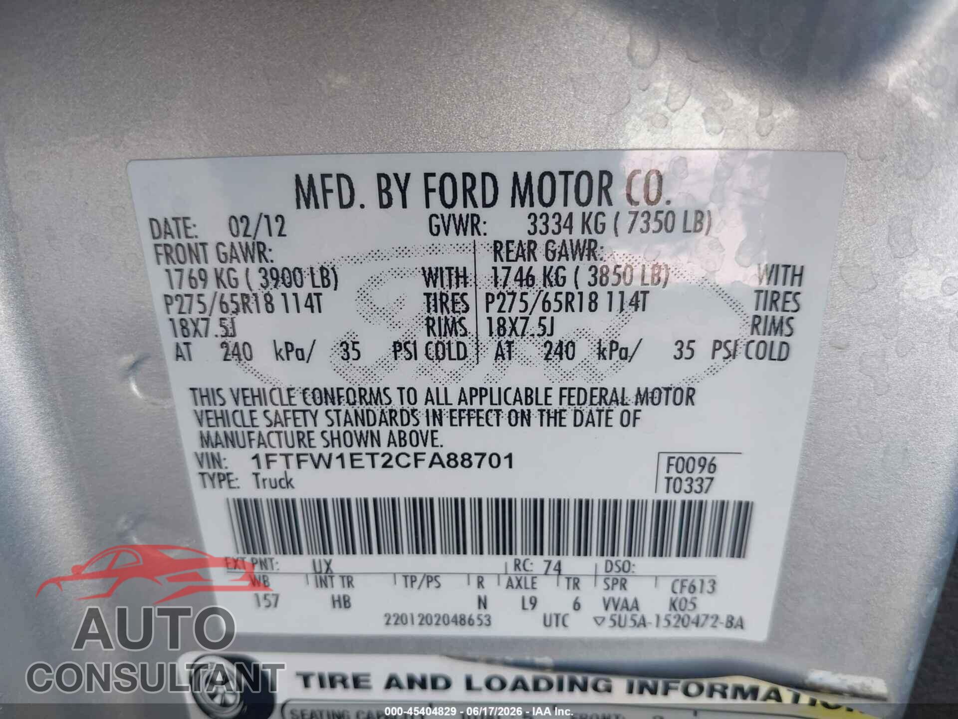 FORD F-150 2012 - 1FTFW1ET2CFA88701