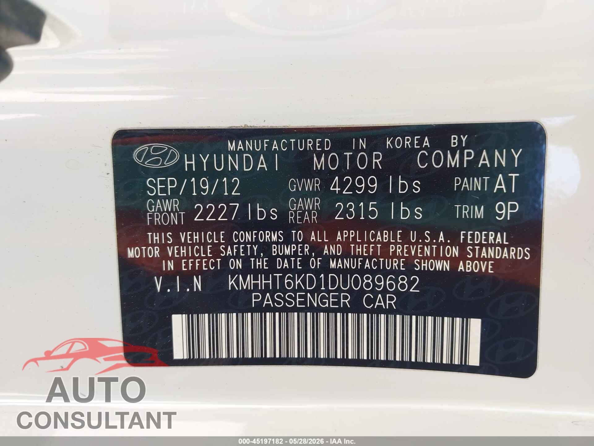 HYUNDAI GENESIS 2013 - KMHHT6KD1DU089682