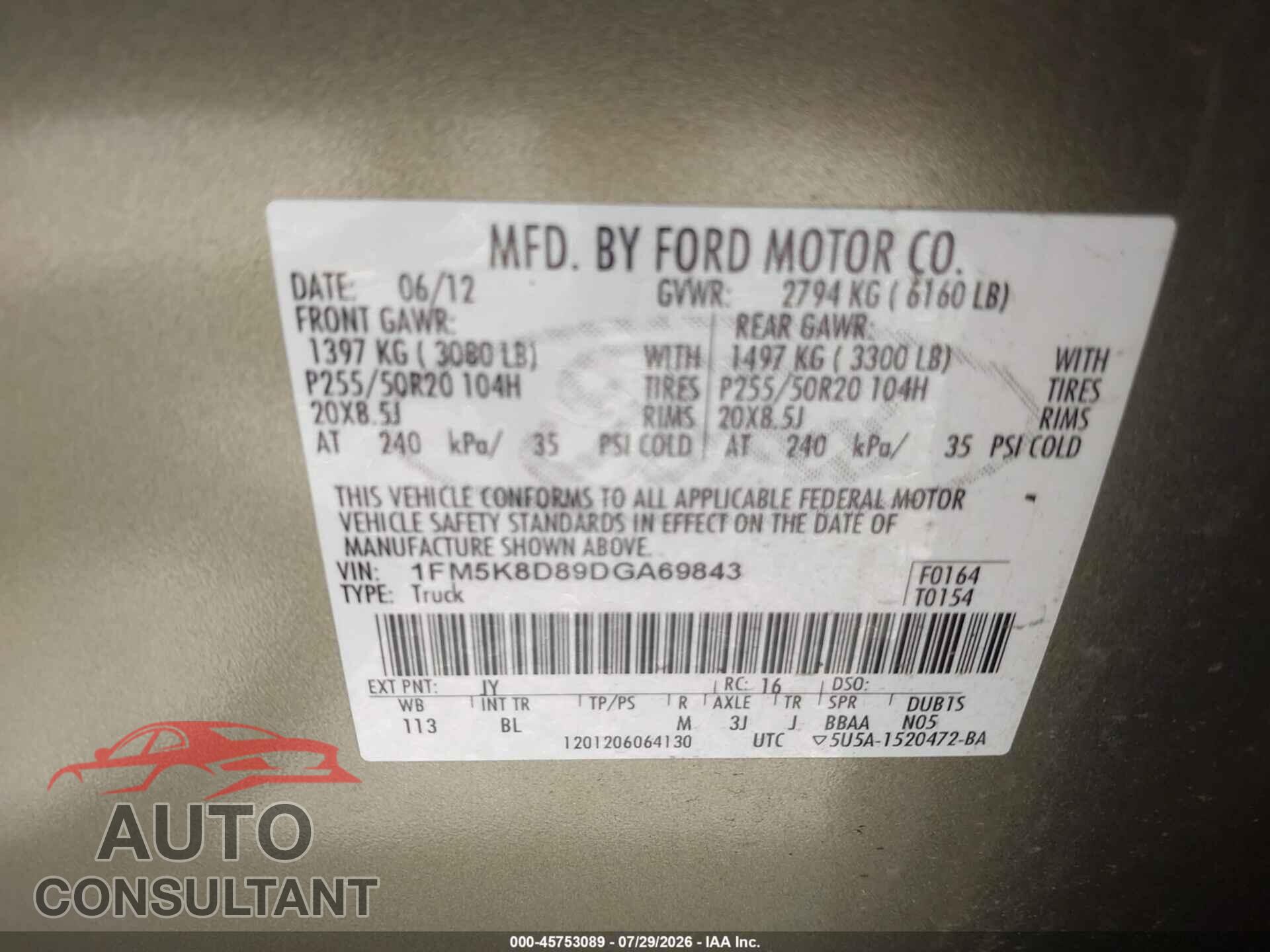 FORD EXPLORER 2013 - 1FM5K8D89DGA69843