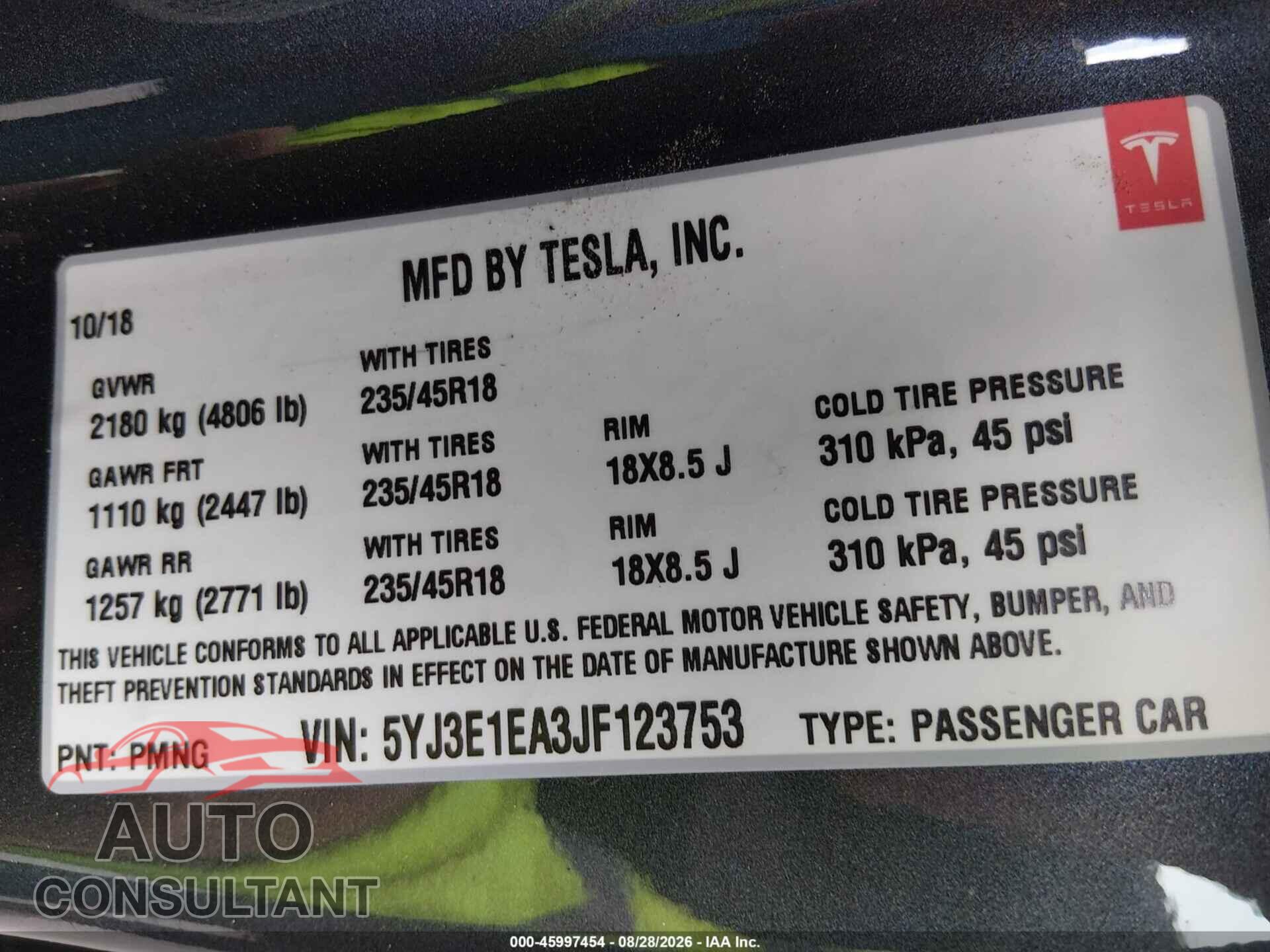 TESLA MODEL 3 2018 - 5YJ3E1EA3JF123753