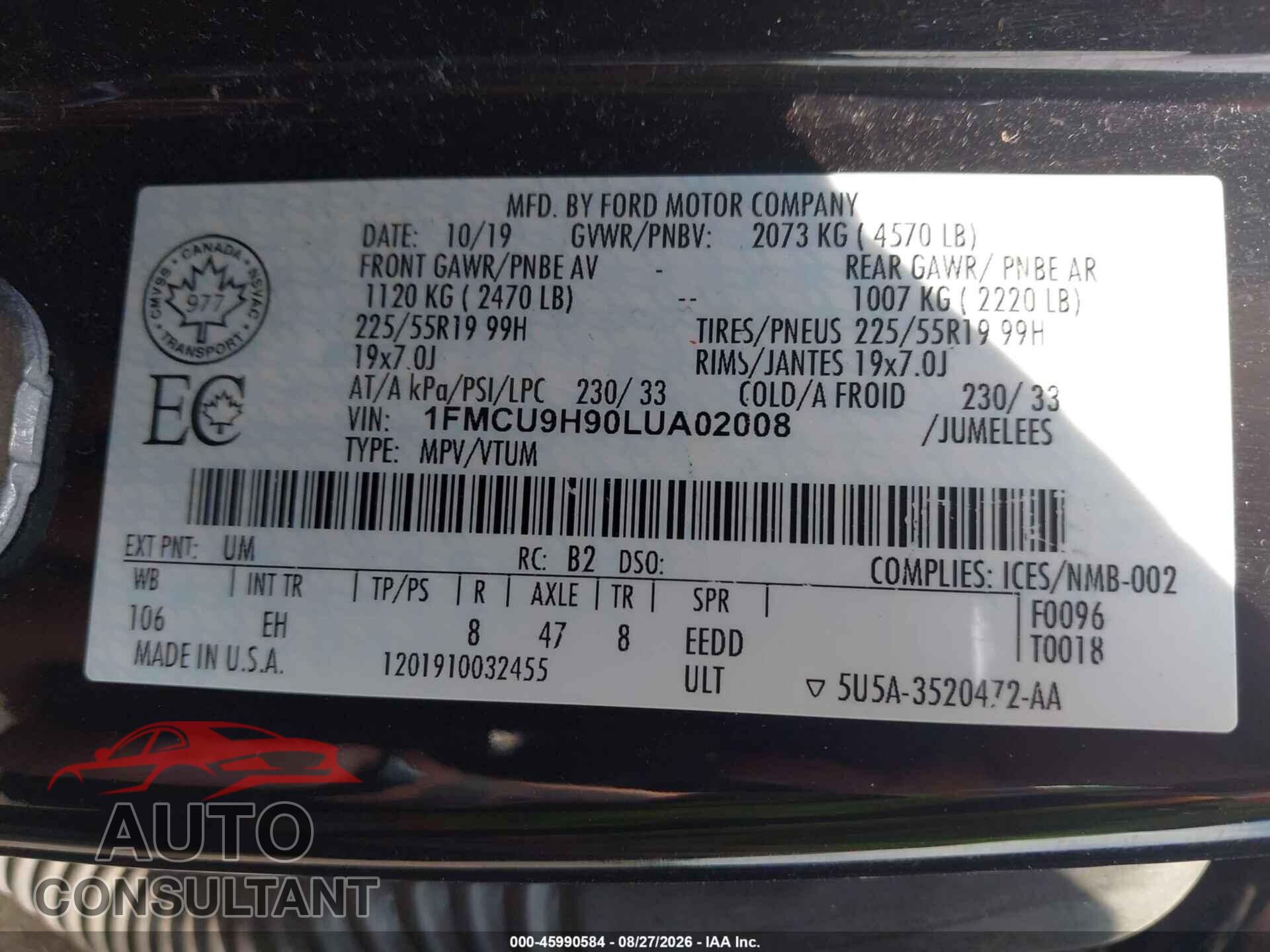 FORD ESCAPE 2020 - 1FMCU9H90LUA02008