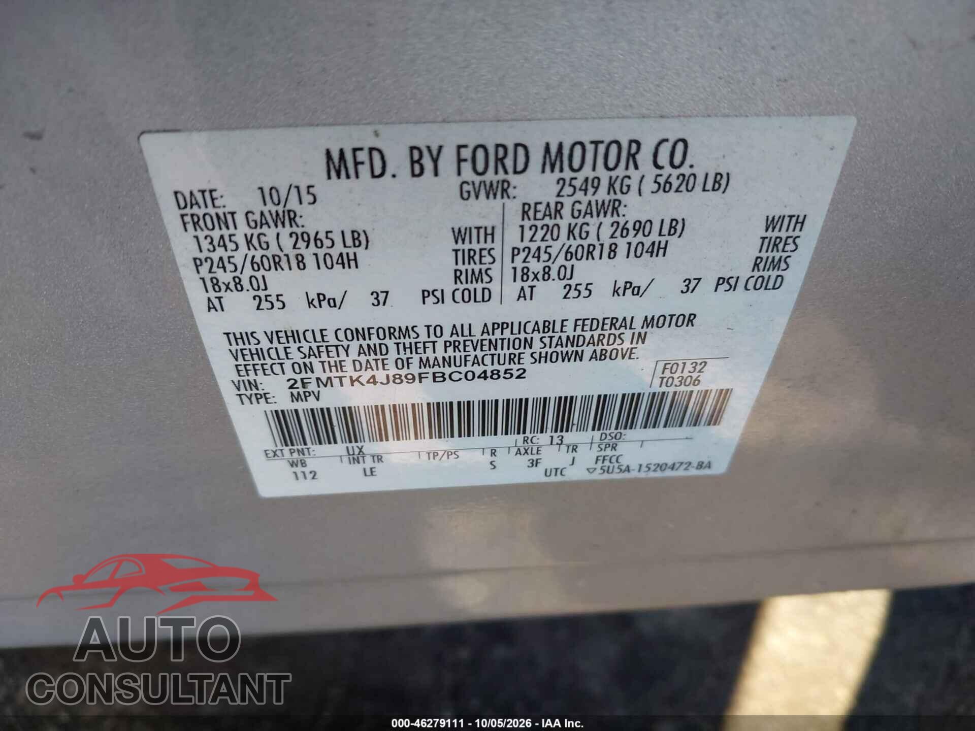 FORD EDGE 2015 - 2FMTK4J89FBC04852