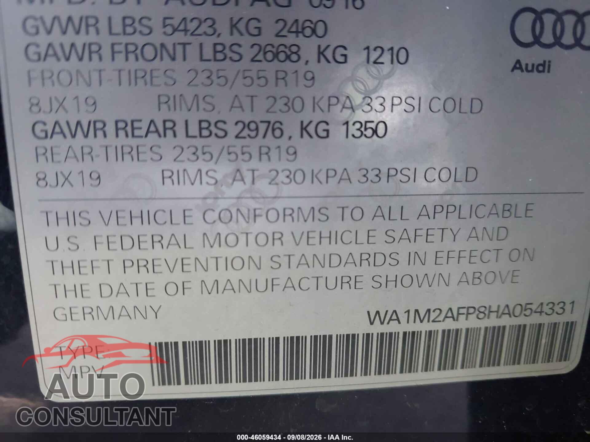 AUDI Q5 2017 - WA1M2AFP8HA054331