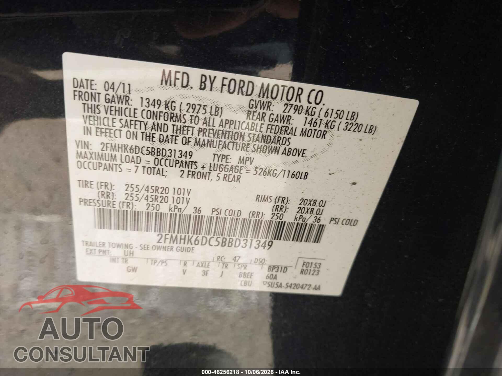 FORD FLEX 2011 - 2FMHK6DC5BBD31349