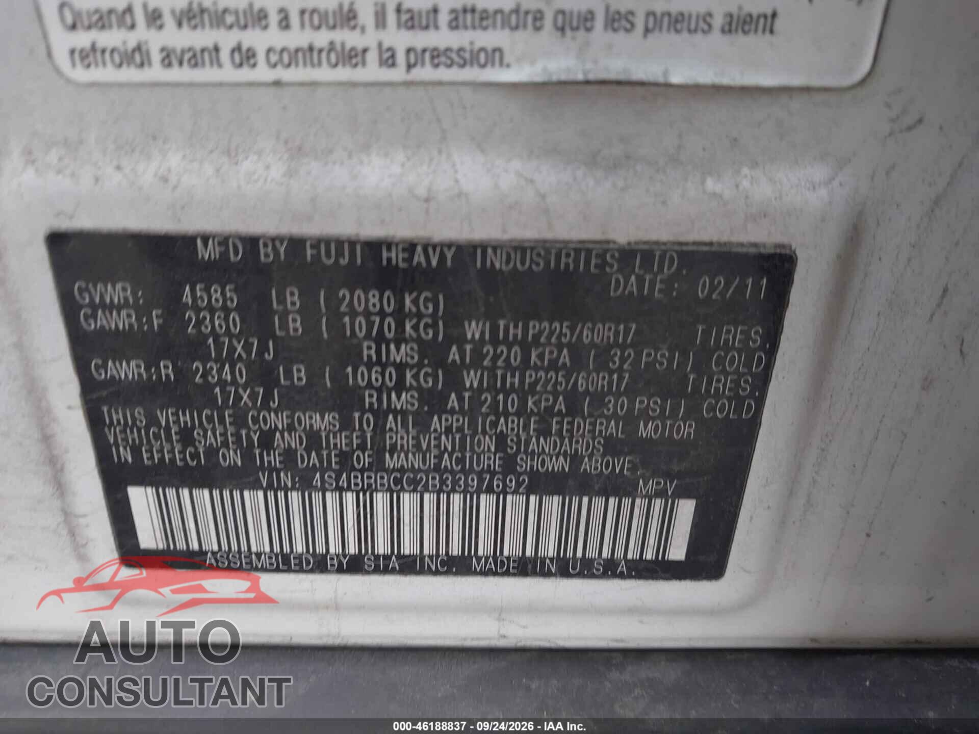 SUBARU OUTBACK 2011 - 4S4BRBCC2B3397692