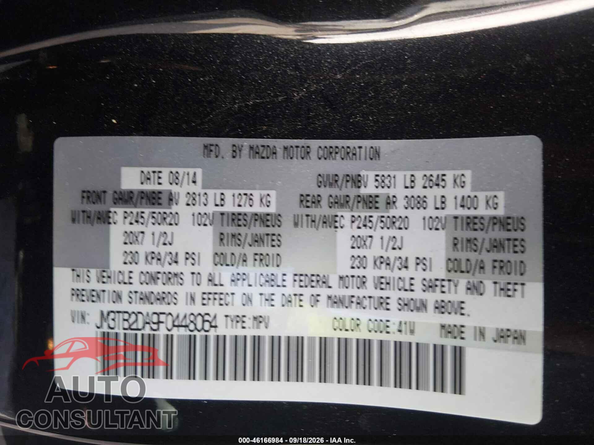 MAZDA CX-9 2015 - JM3TB2DA9F0448064