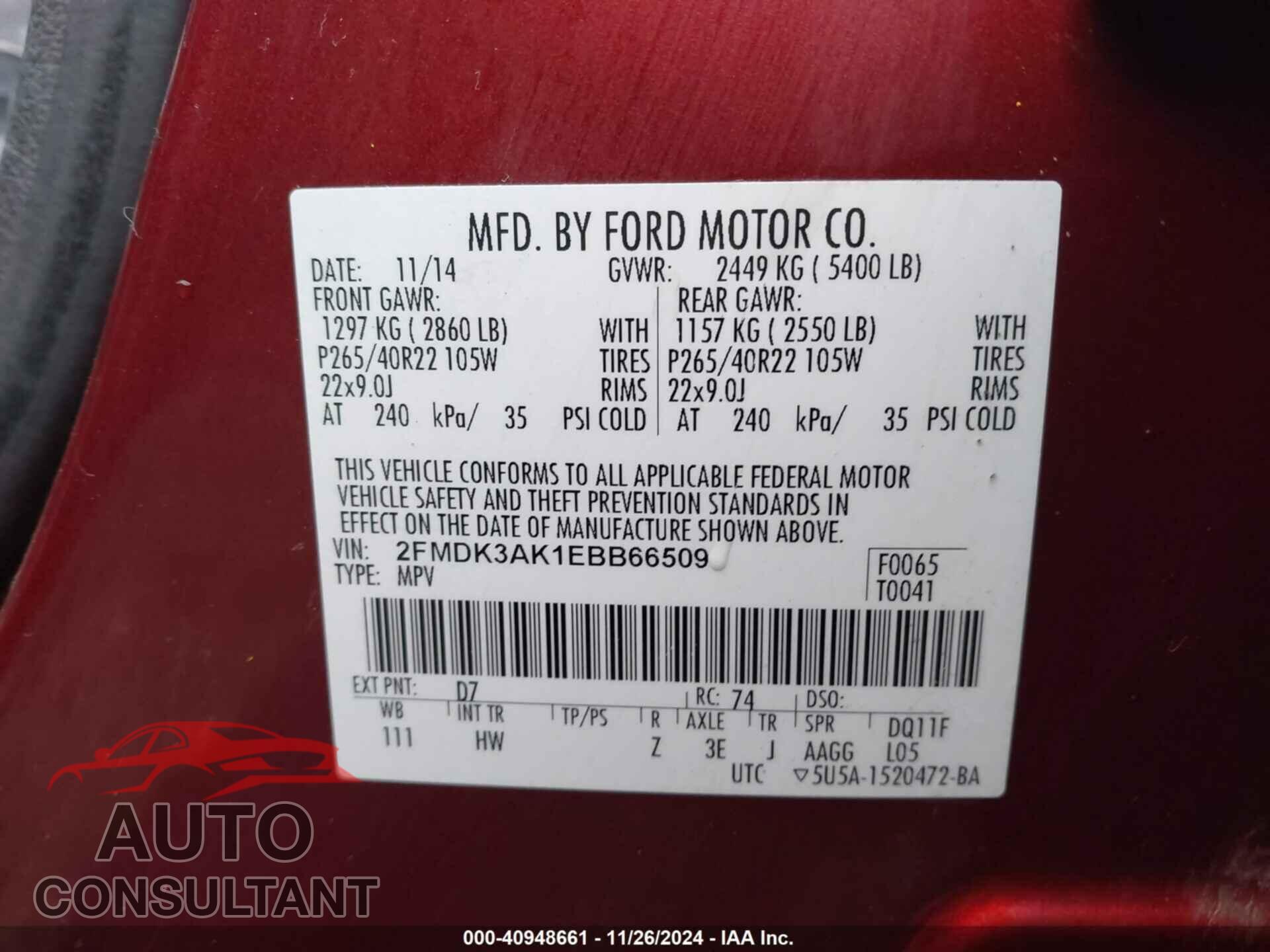 FORD EDGE 2014 - 2FMDK3AK1EBB66509