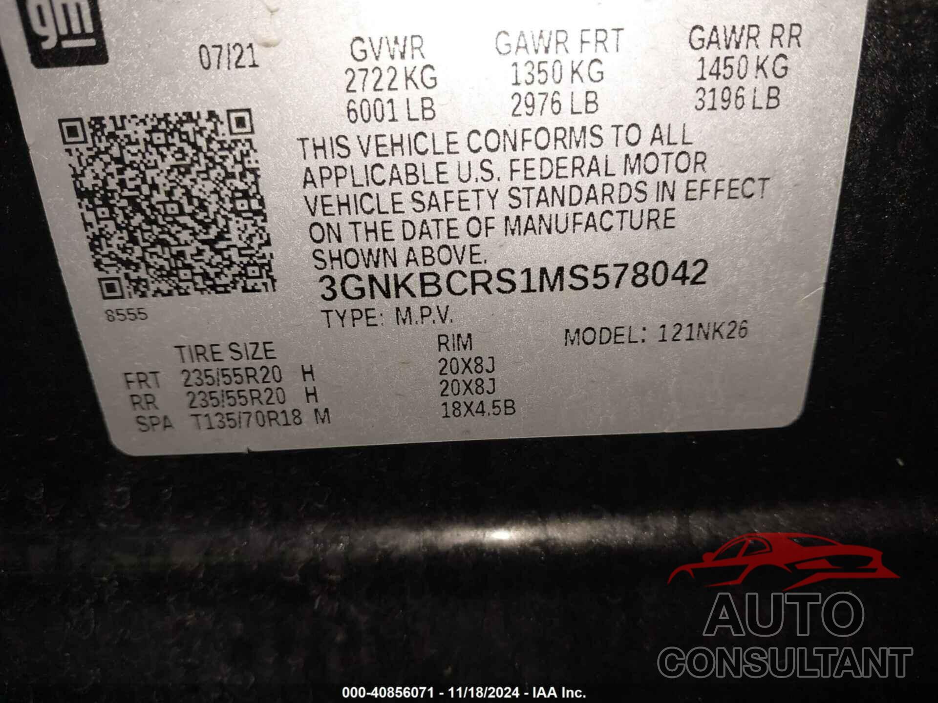 CHEVROLET BLAZER 2021 - 3GNKBCRS1MS578042