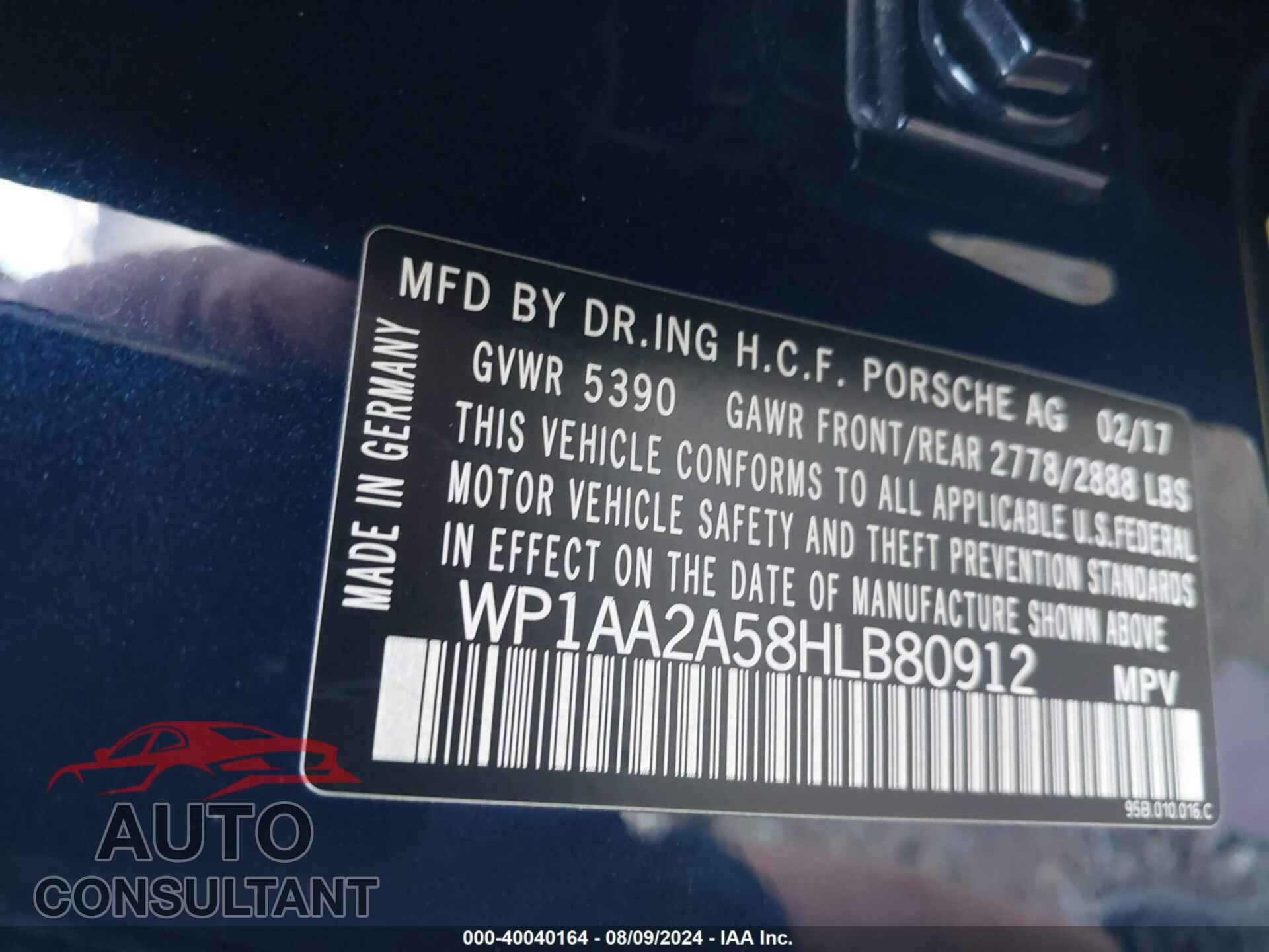 PORSCHE MACAN 2017 - WP1AA2A58HLB80912