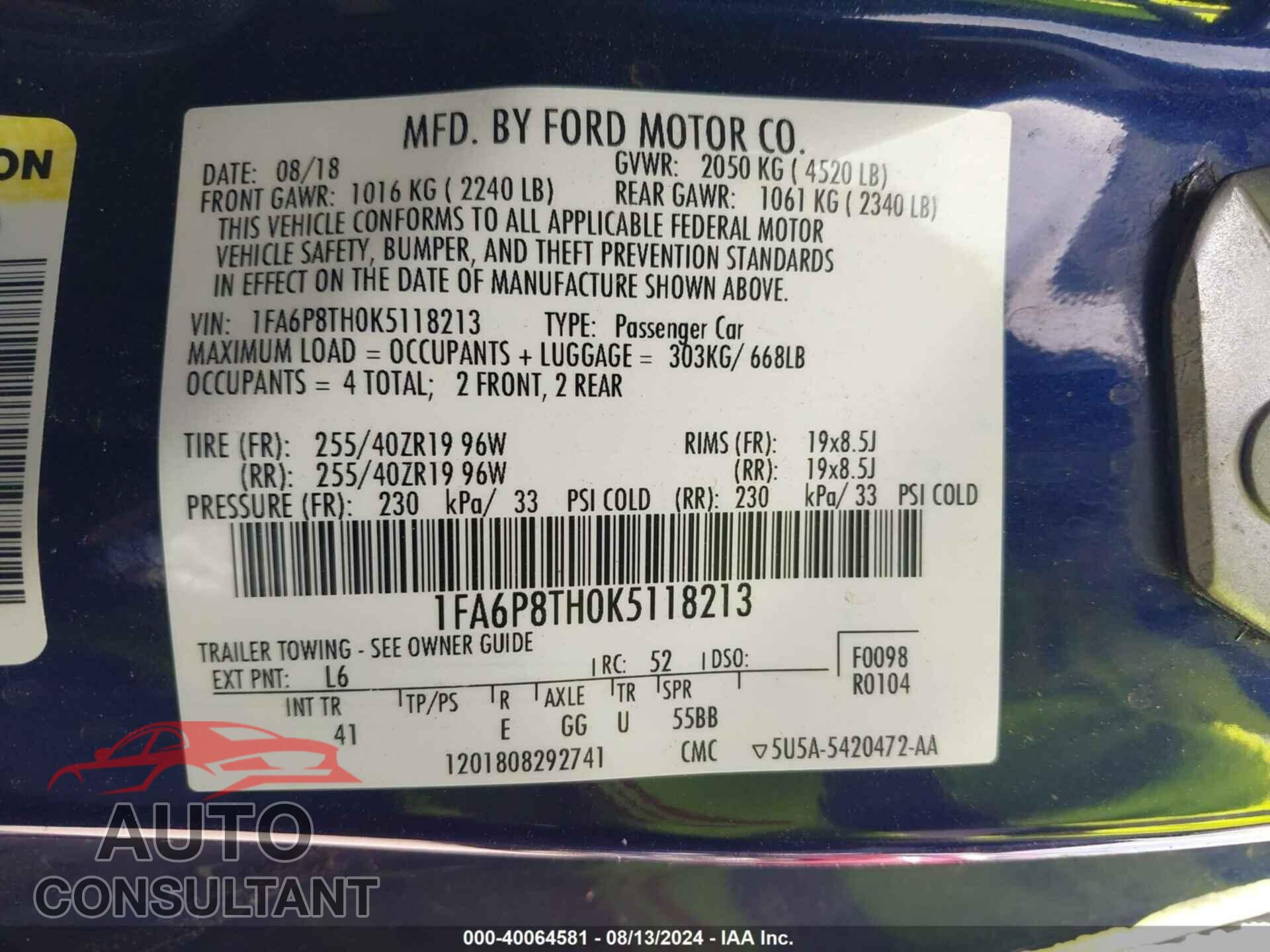FORD MUSTANG 2019 - 1FA6P8TH0K5118213