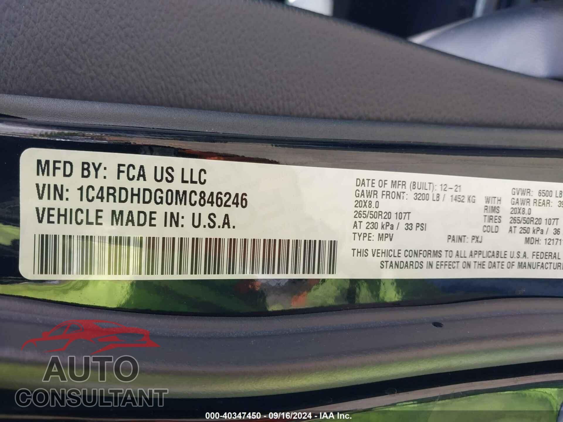 DODGE DURANGO 2021 - 1C4RDHDG0MC846246