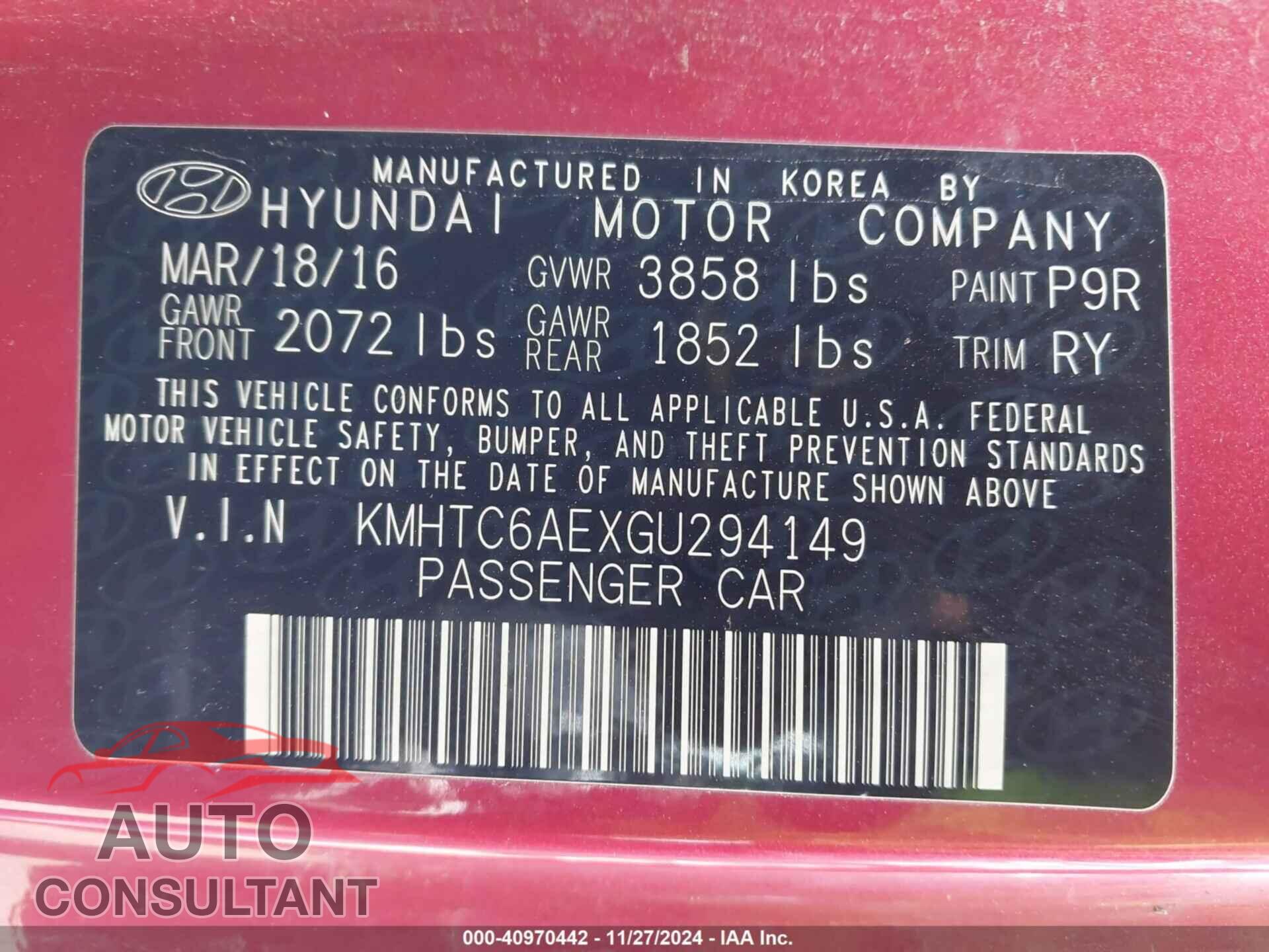HYUNDAI VELOSTER 2016 - KMHTC6AEXGU294149
