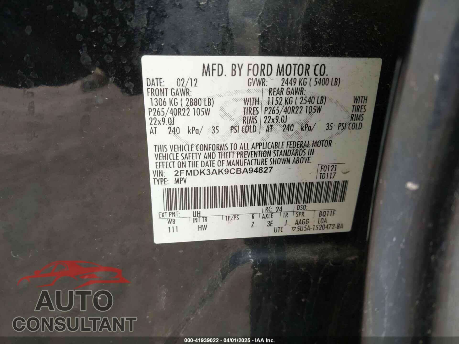 FORD EDGE 2012 - 2FMDK3AK9CBA94827