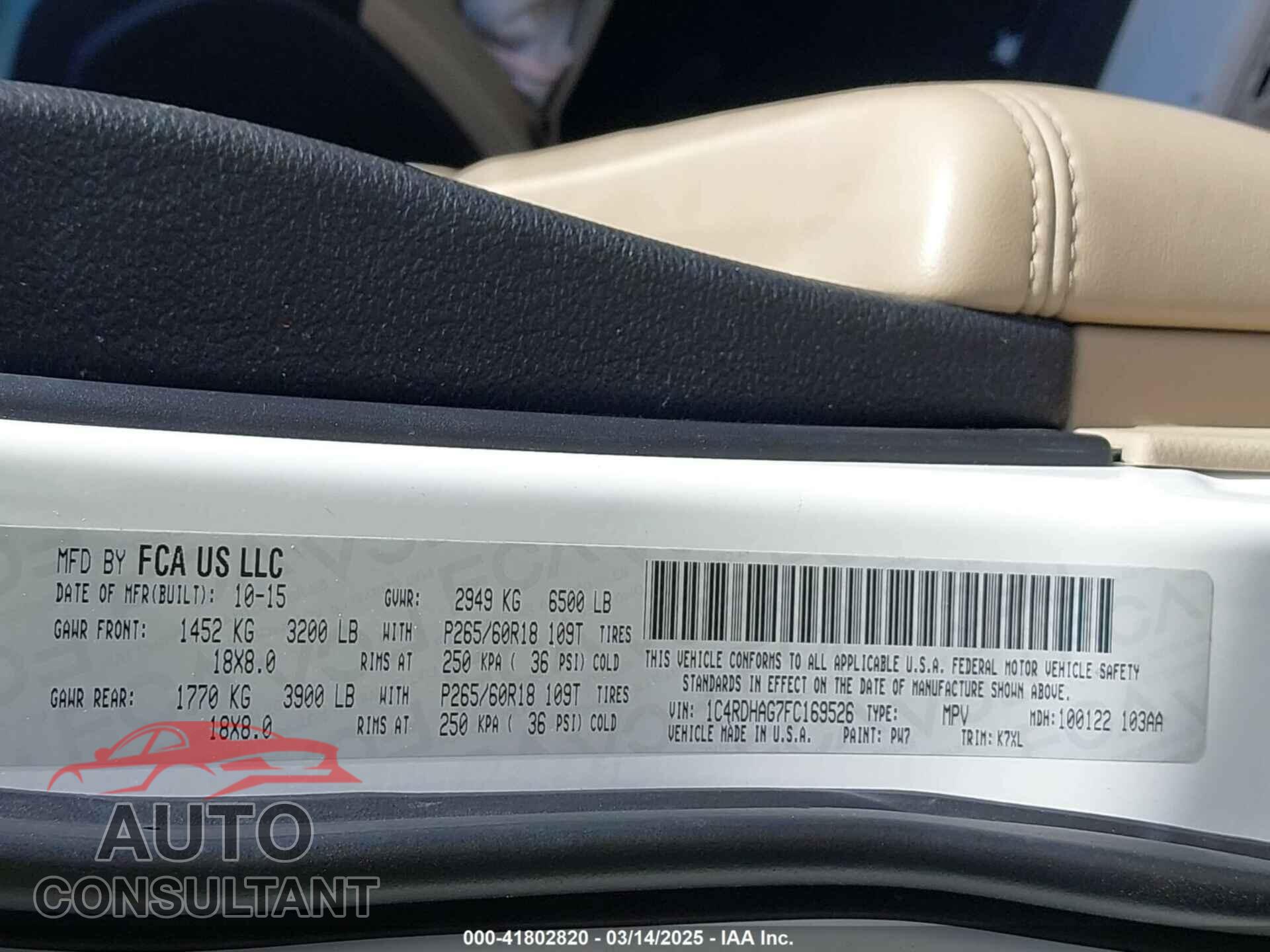 DODGE DURANGO 2015 - 1C4RDHAG7FC169526