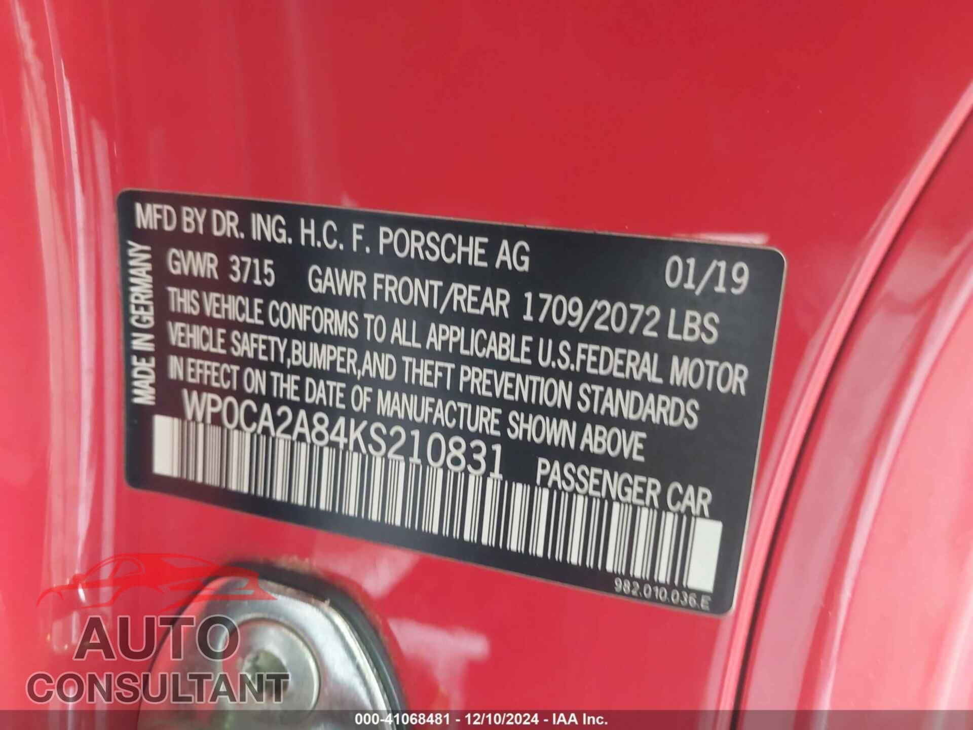 PORSCHE 718 BOXSTER 2019 - WP0CA2A84KS210831