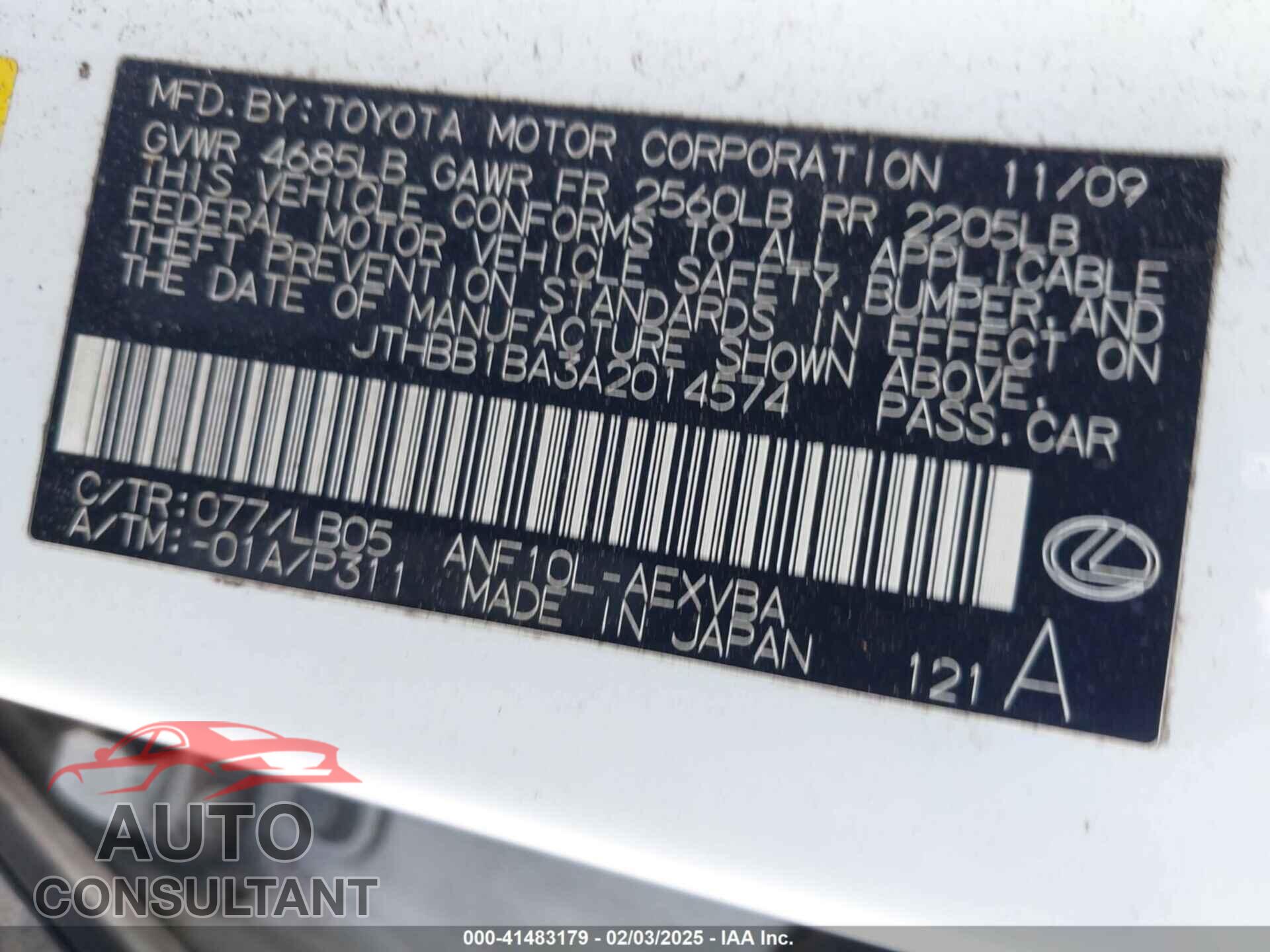 LEXUS HS 250H 2010 - JTHBB1BA3A2014574