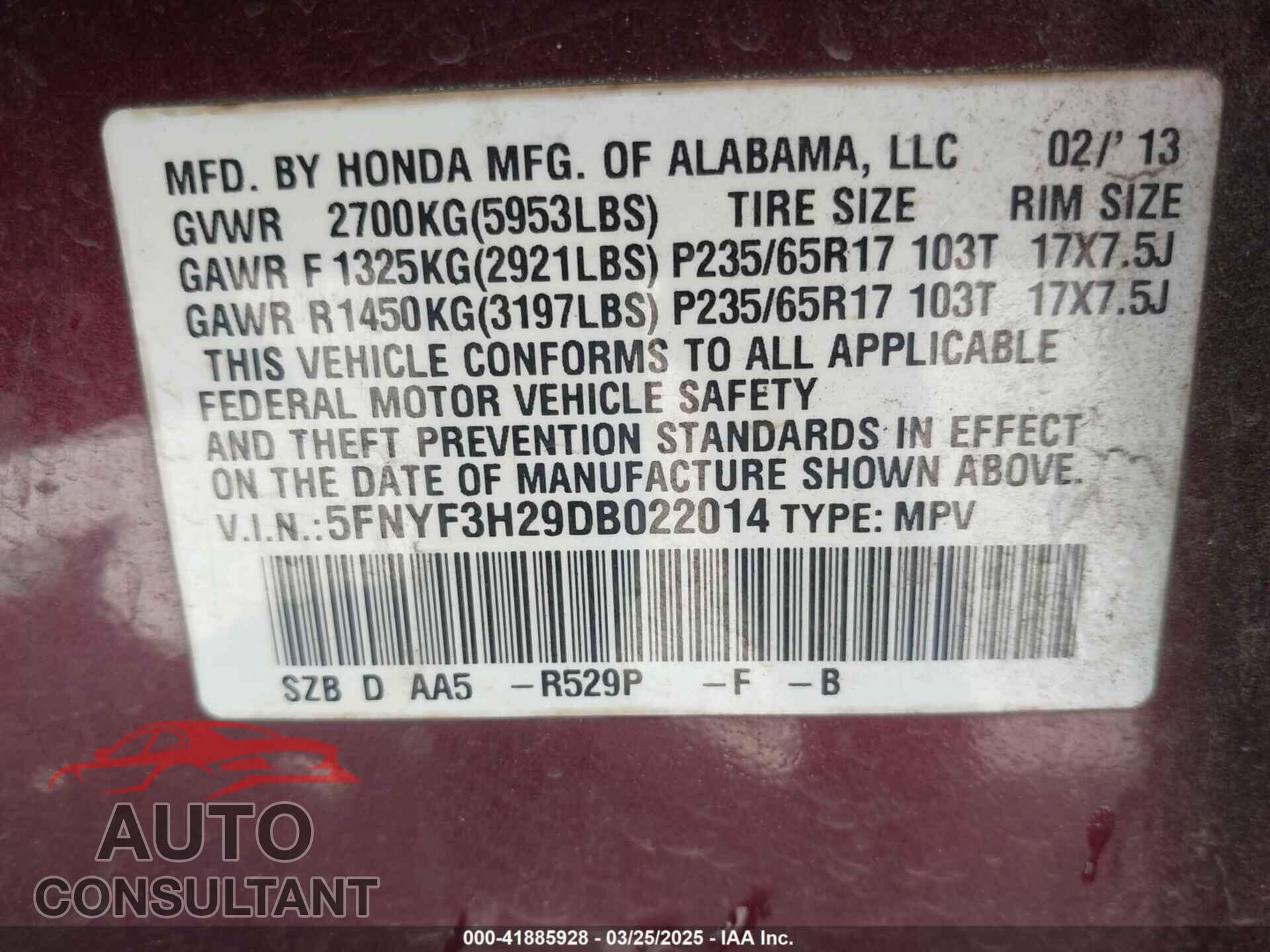 HONDA PILOT 2013 - 5FNYF3H29DB022014