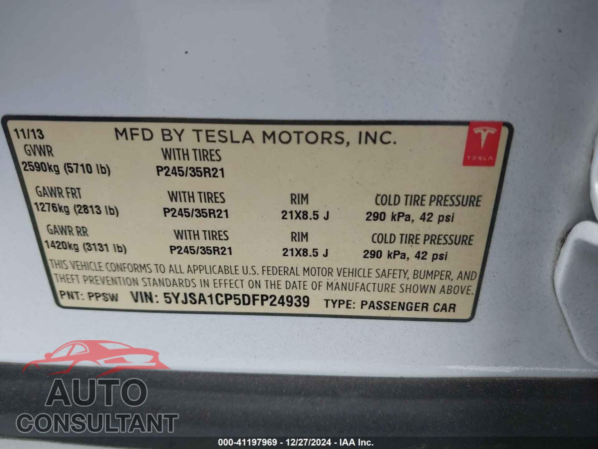 TESLA MODEL S 2013 - 5YJSA1CP5DFP24939