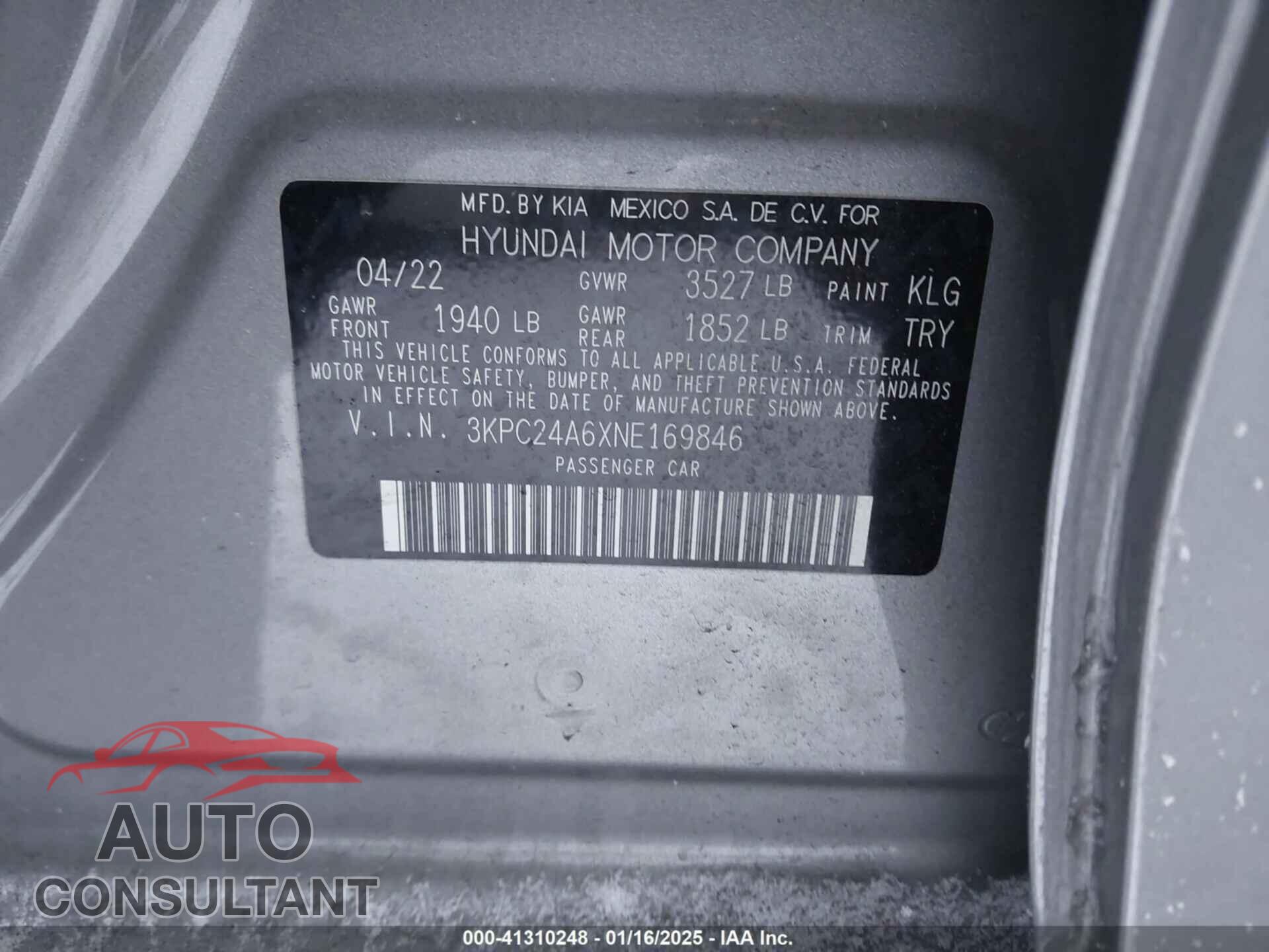 HYUNDAI ACCENT 2022 - 3KPC24A6XNE169846