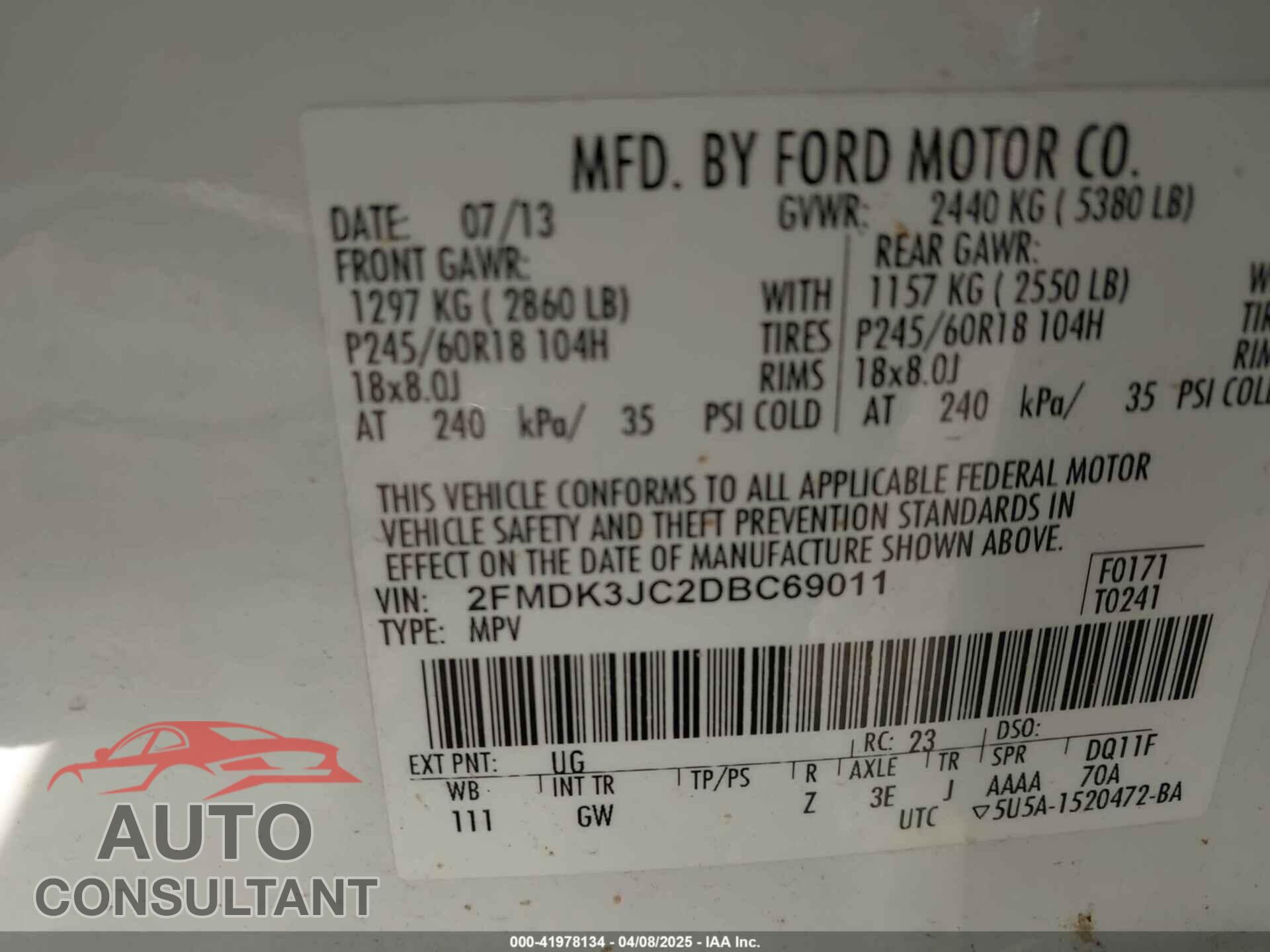 FORD EDGE 2013 - 2FMDK3JC2DBC69011