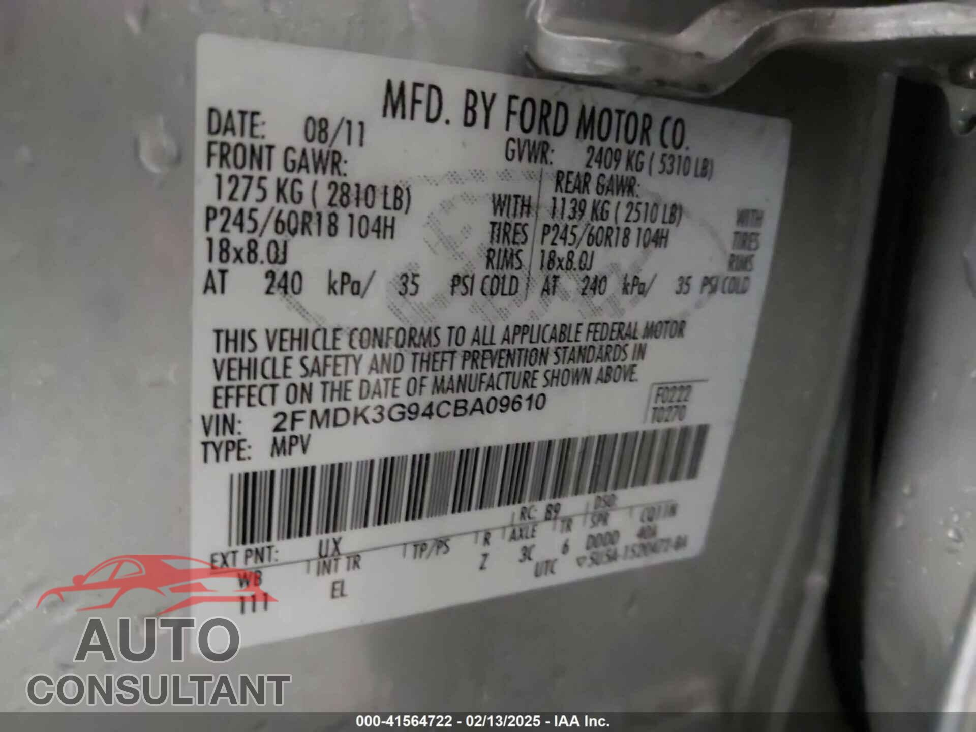 FORD EDGE 2012 - 2FMDK3G94CBA09610