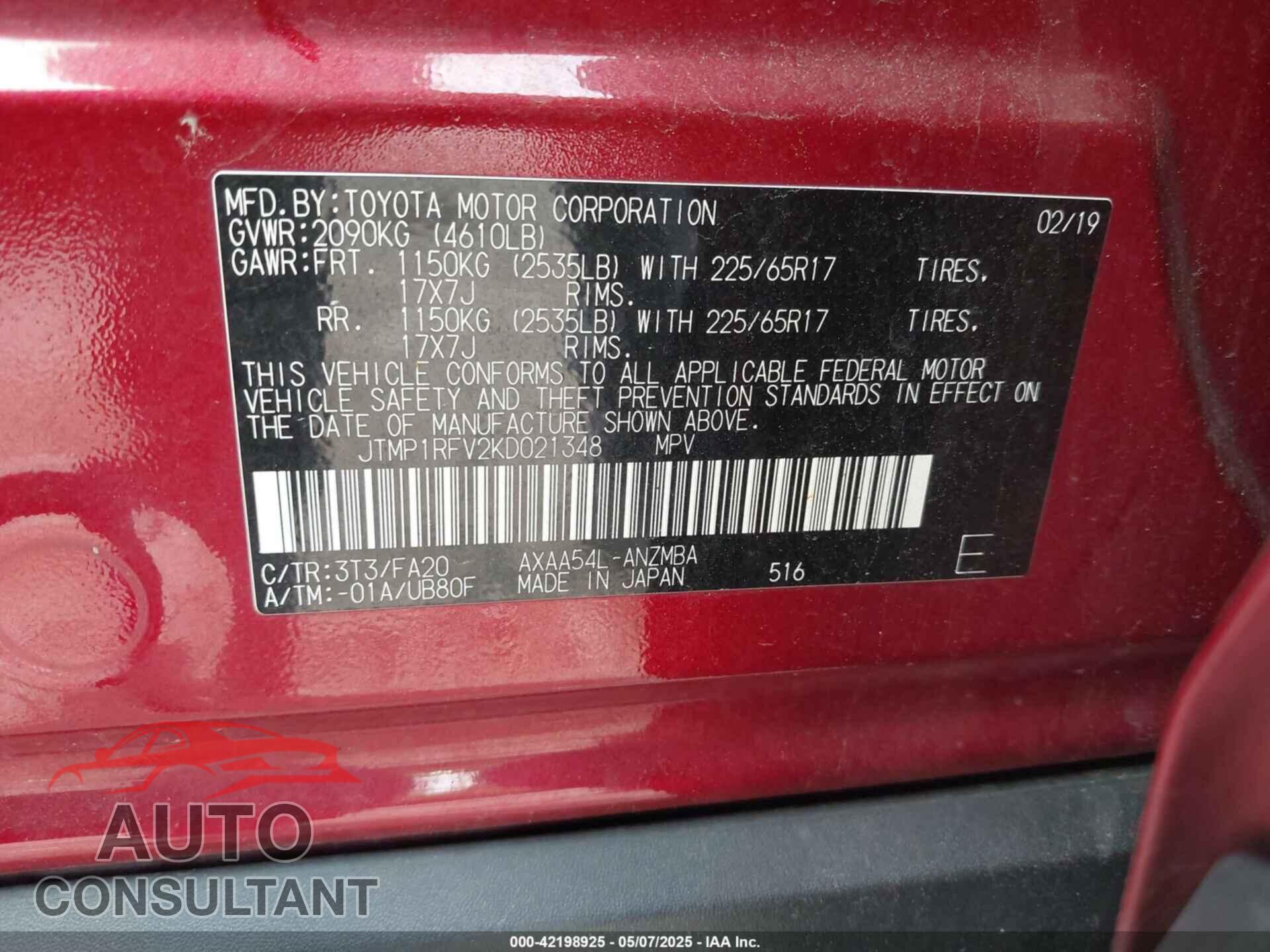 TOYOTA RAV4 2019 - JTMP1RFV2KD021348