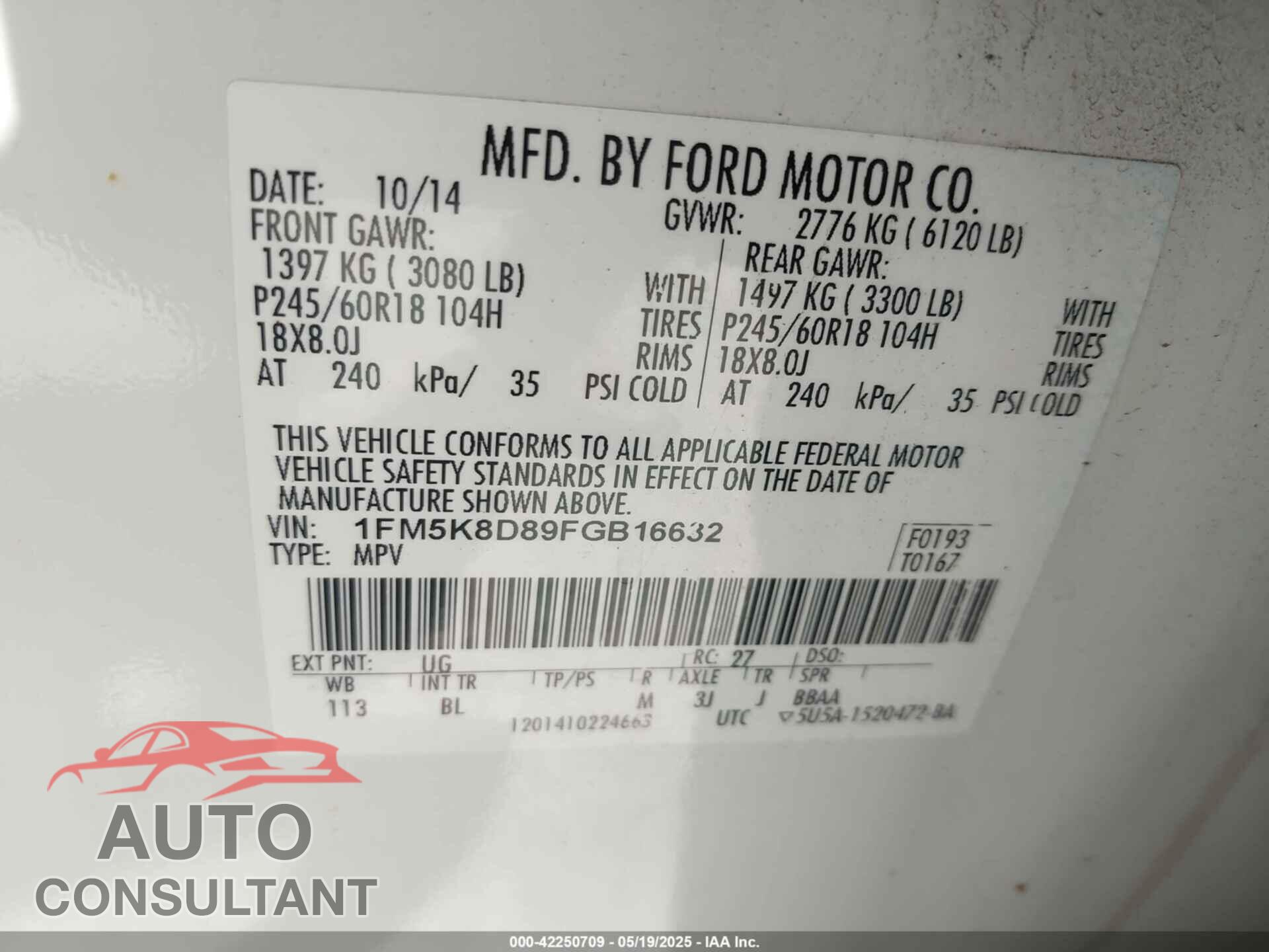 FORD EXPLORER 2015 - 1FM5K8D89FGB16632