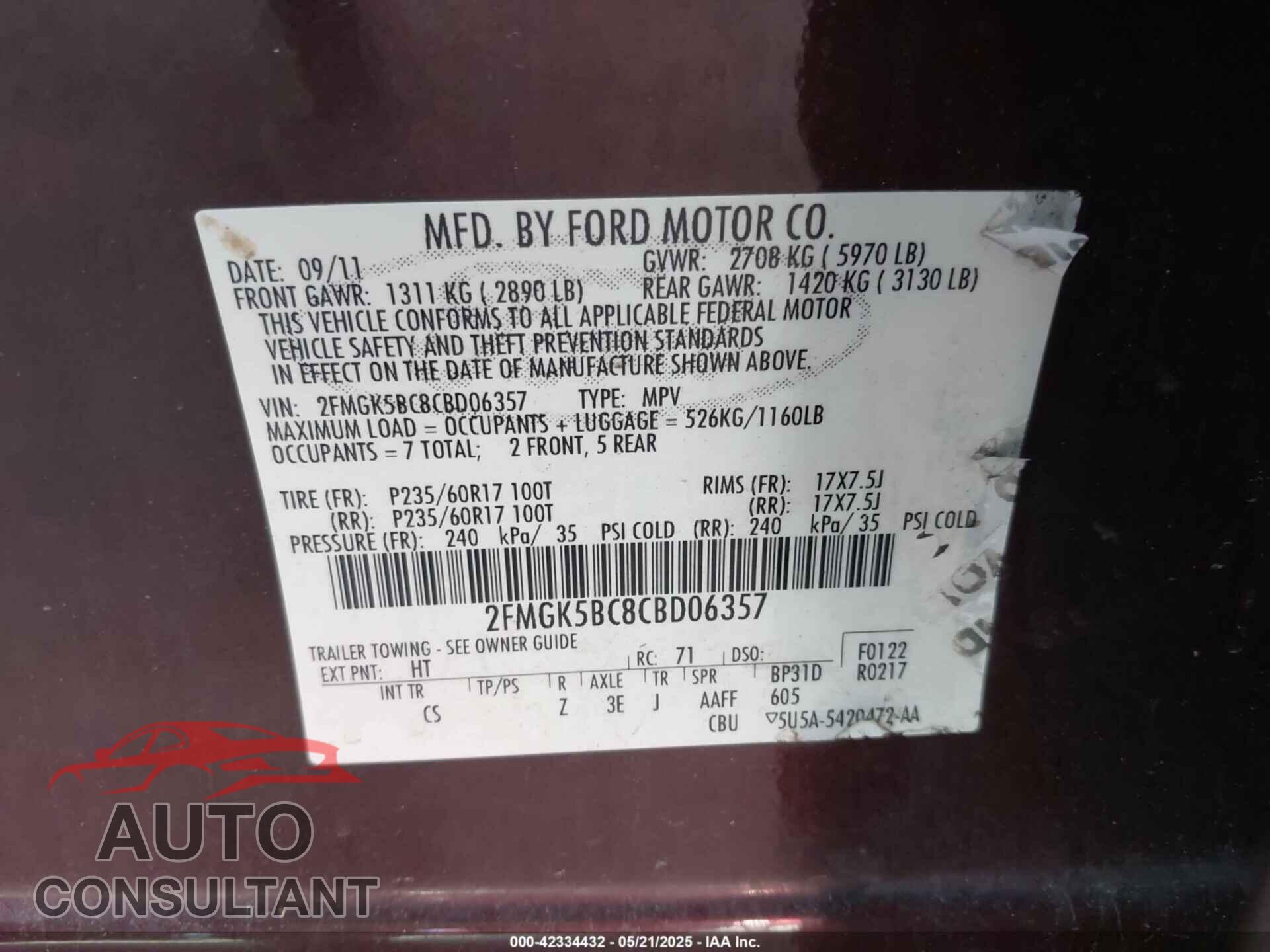 FORD FLEX 2012 - 2FMGK5BC8CBD06357