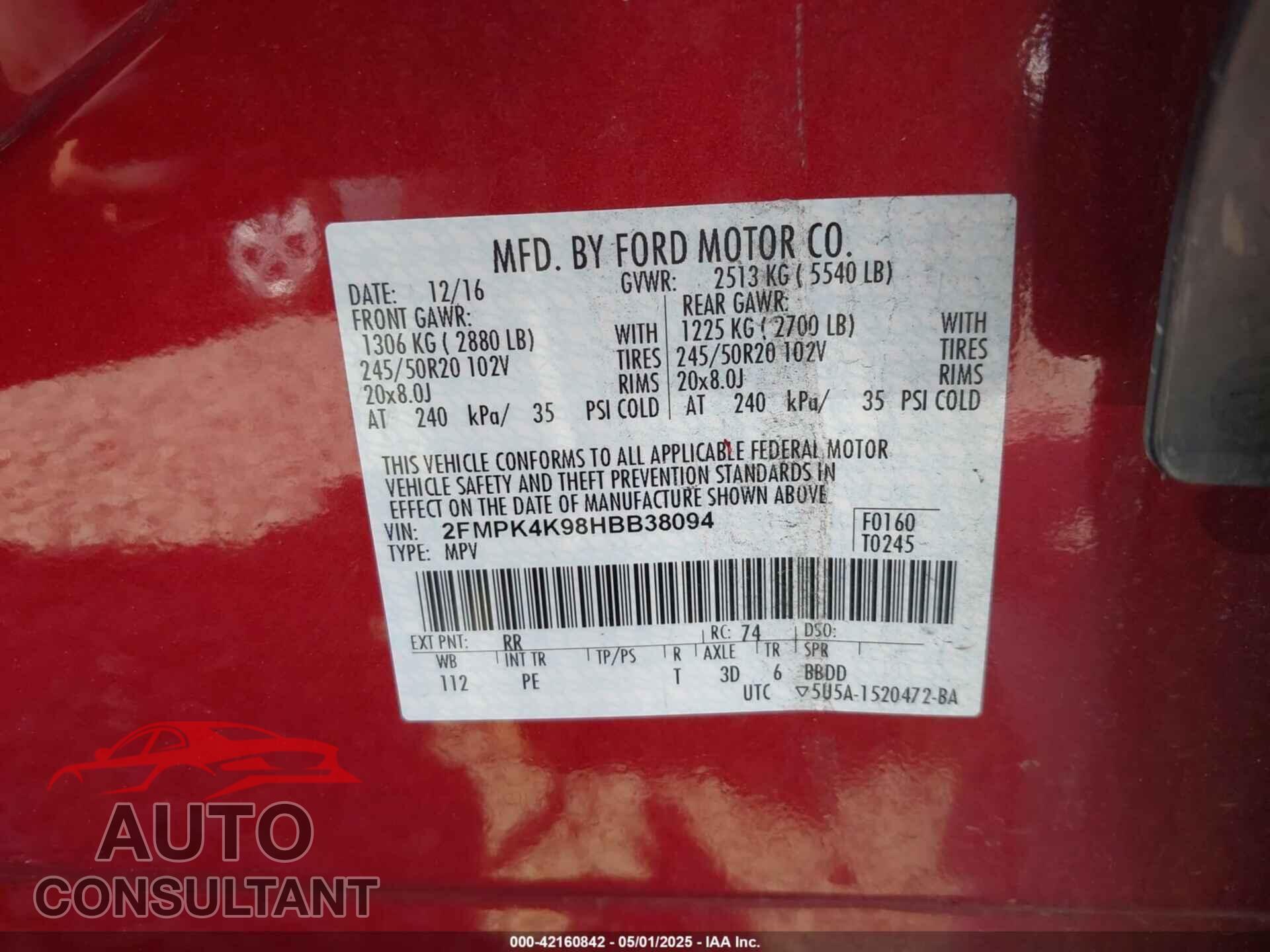 FORD EDGE 2017 - 2FMPK4K98HBB38094