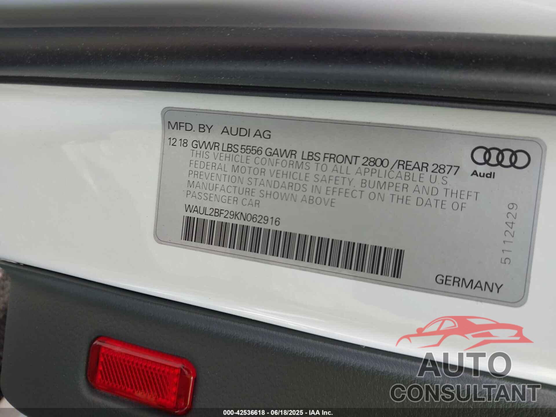 AUDI A6 2019 - WAUL2BF29KN062916