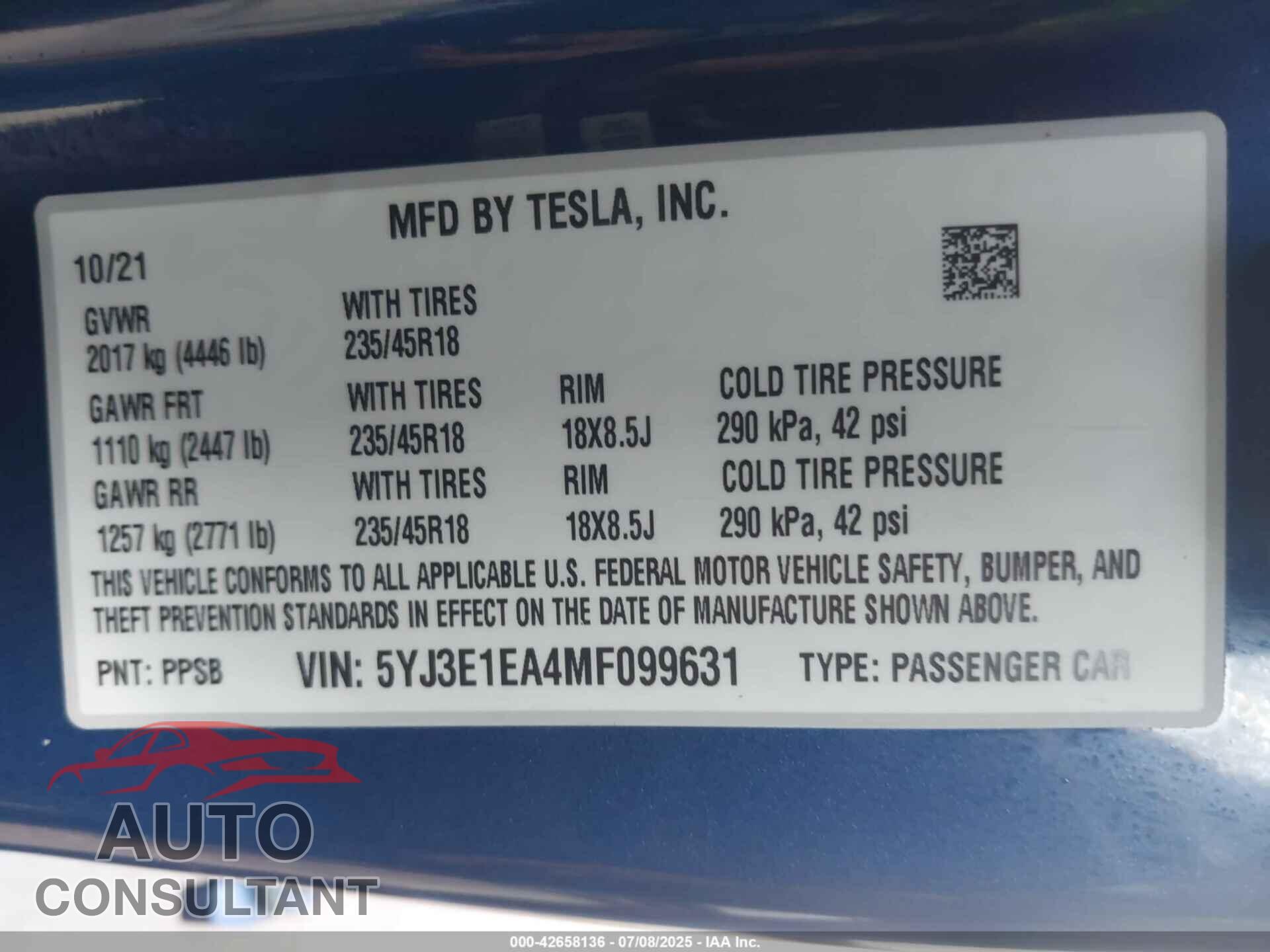 TESLA MODEL 3 2021 - 5YJ3E1EA4MF099631