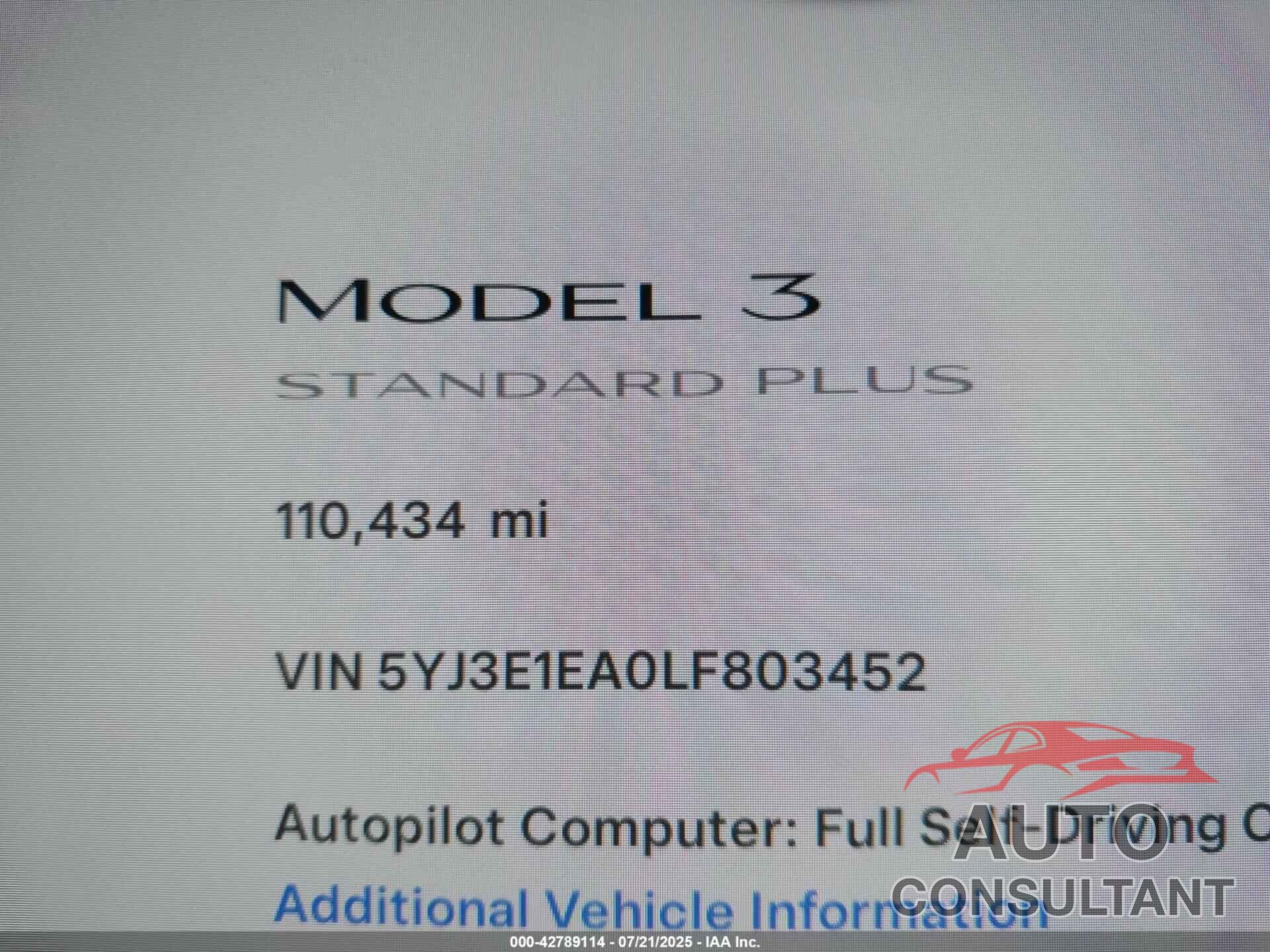 TESLA MODEL 3 2020 - 5YJ3E1EA0LF803452