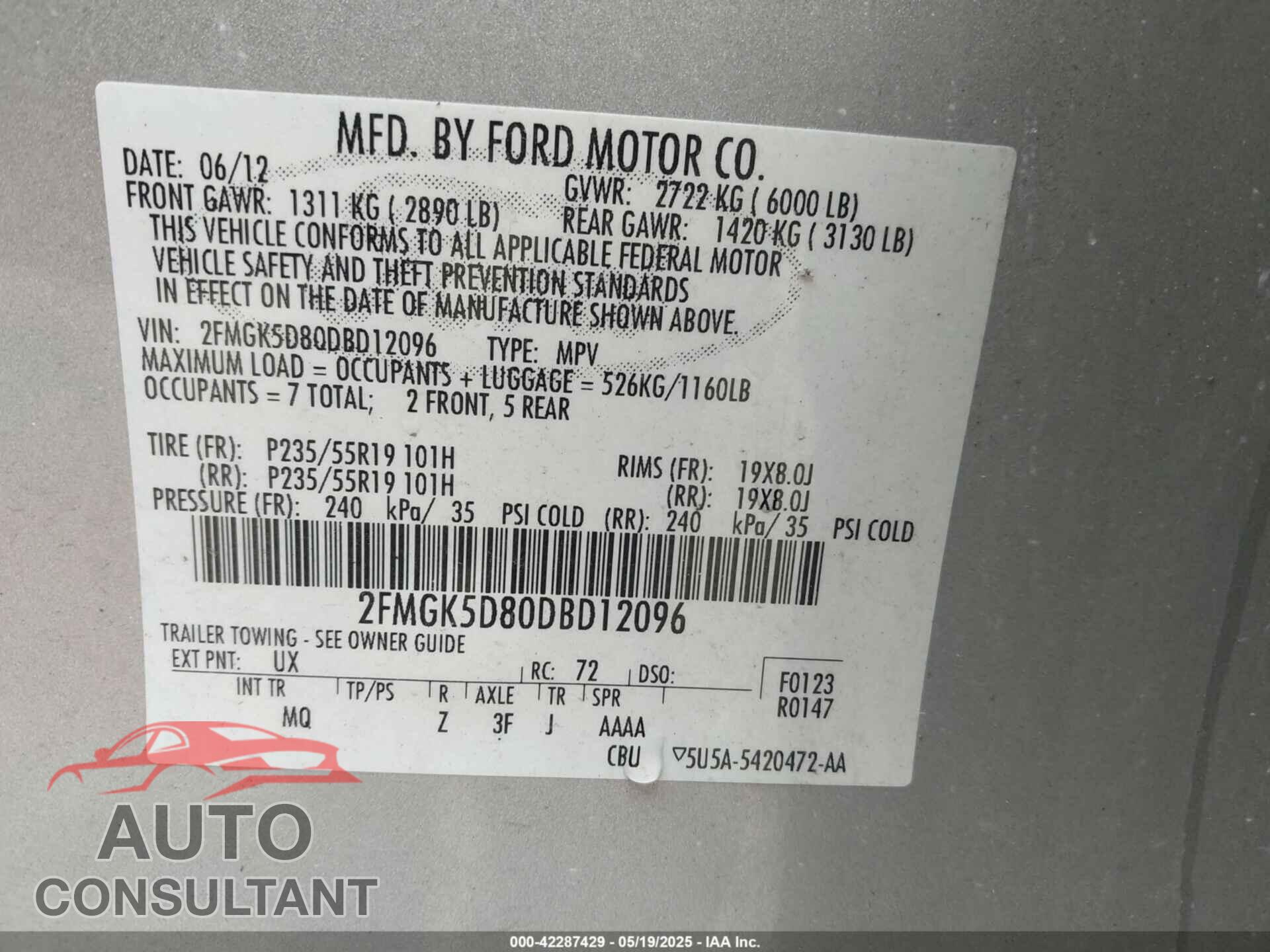 FORD FLEX 2013 - 2FMGK5D80DBD12096