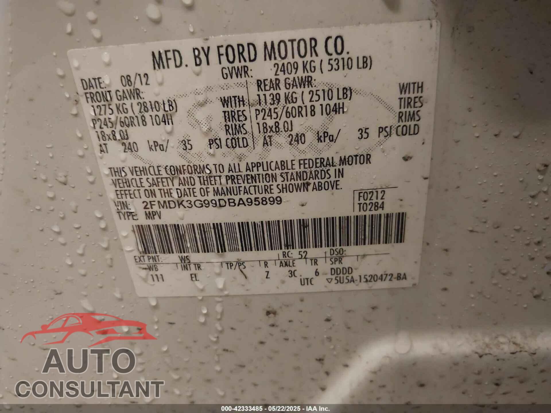 FORD EDGE 2013 - 2FMDK3G99DBA95899