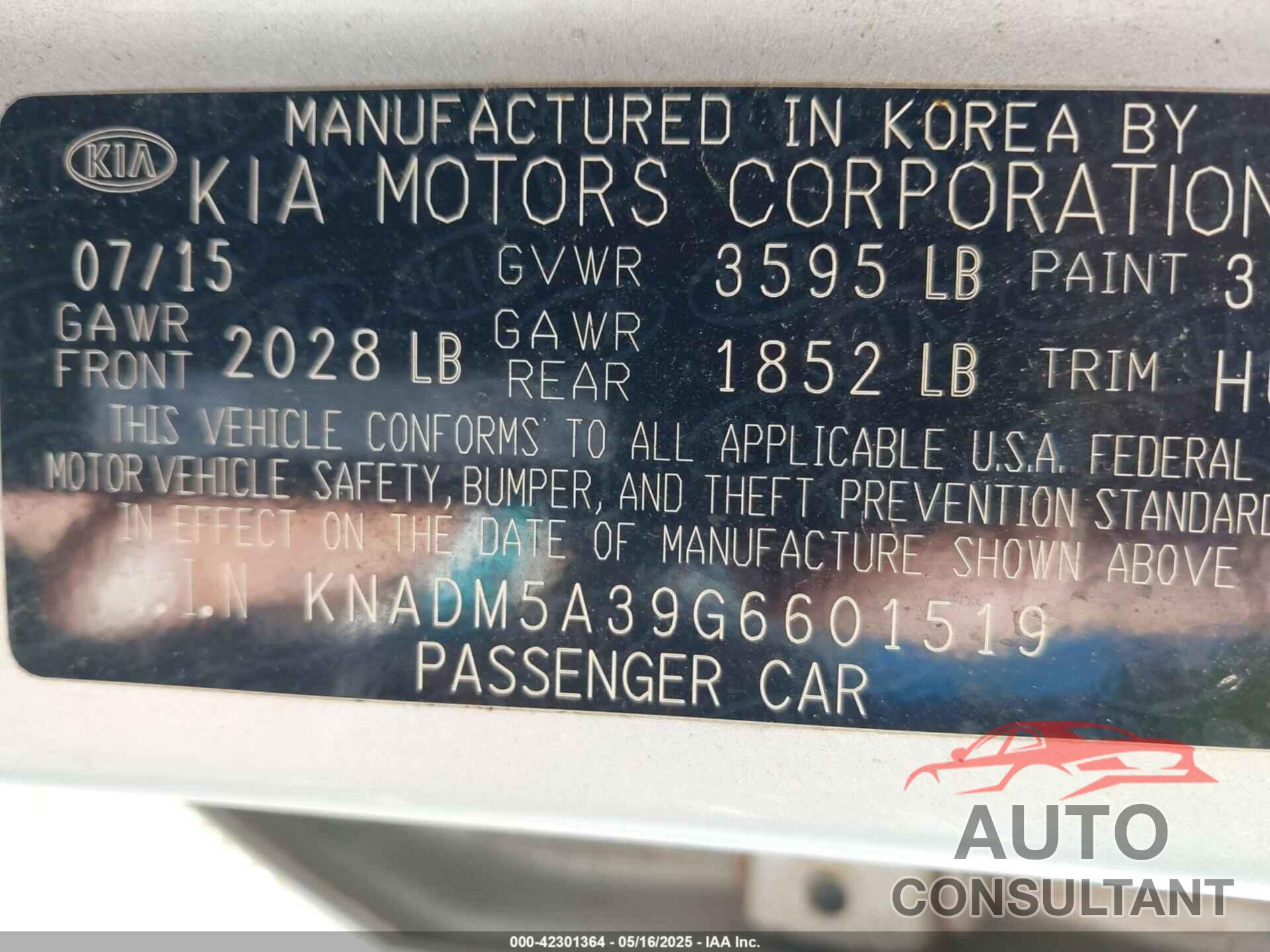 KIA RIO 2016 - KNADM5A39G6601519