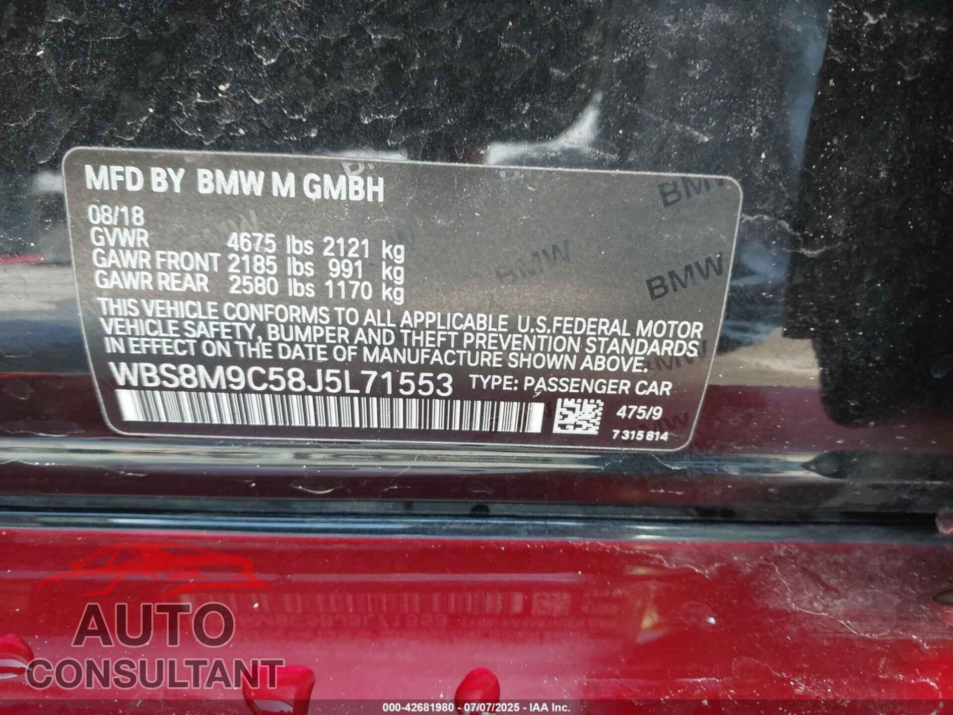 BMW M3 2018 - WBS8M9C58J5L71553