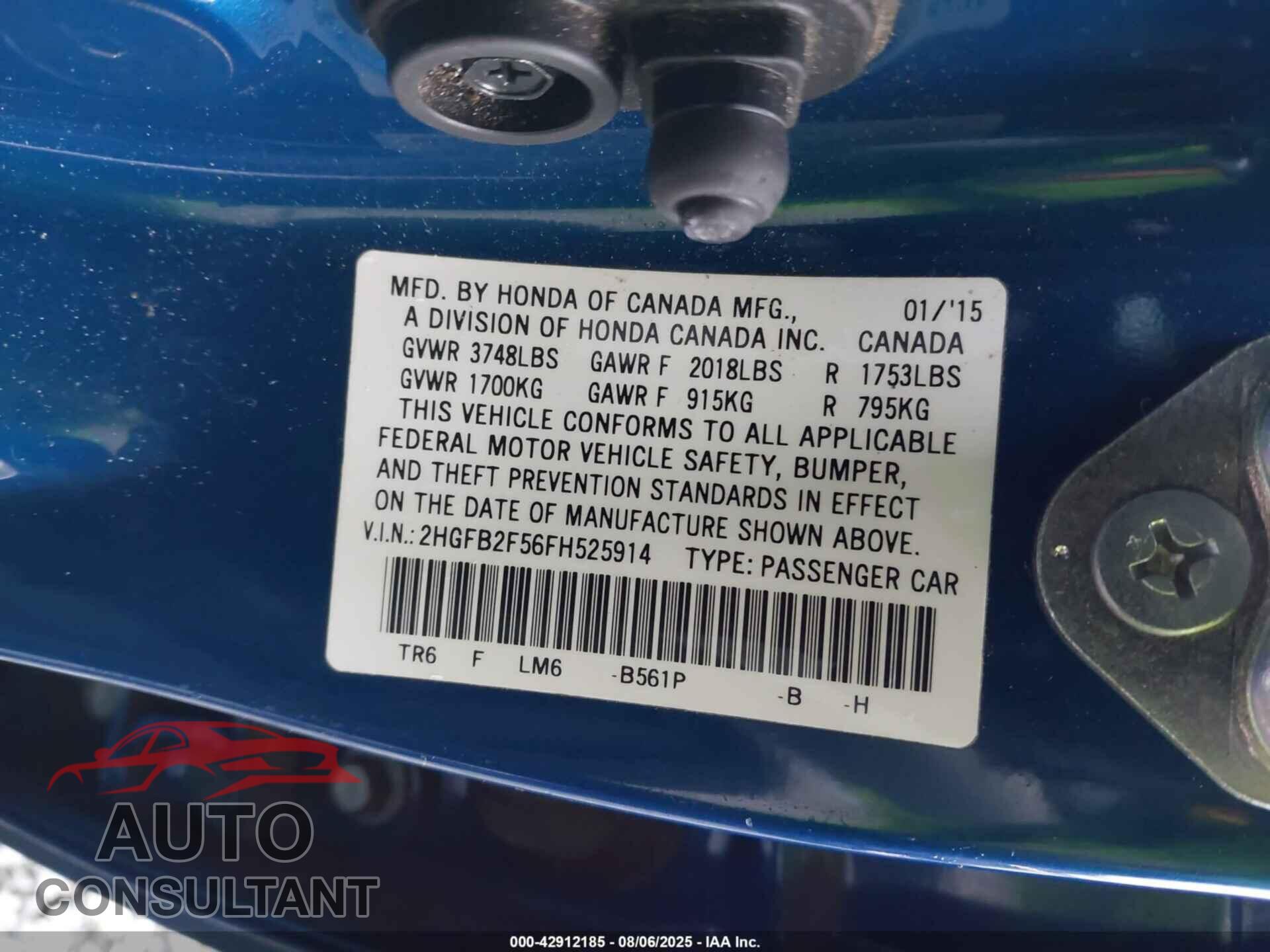 HONDA CIVIC 2015 - 2HGFB2F56FH525914