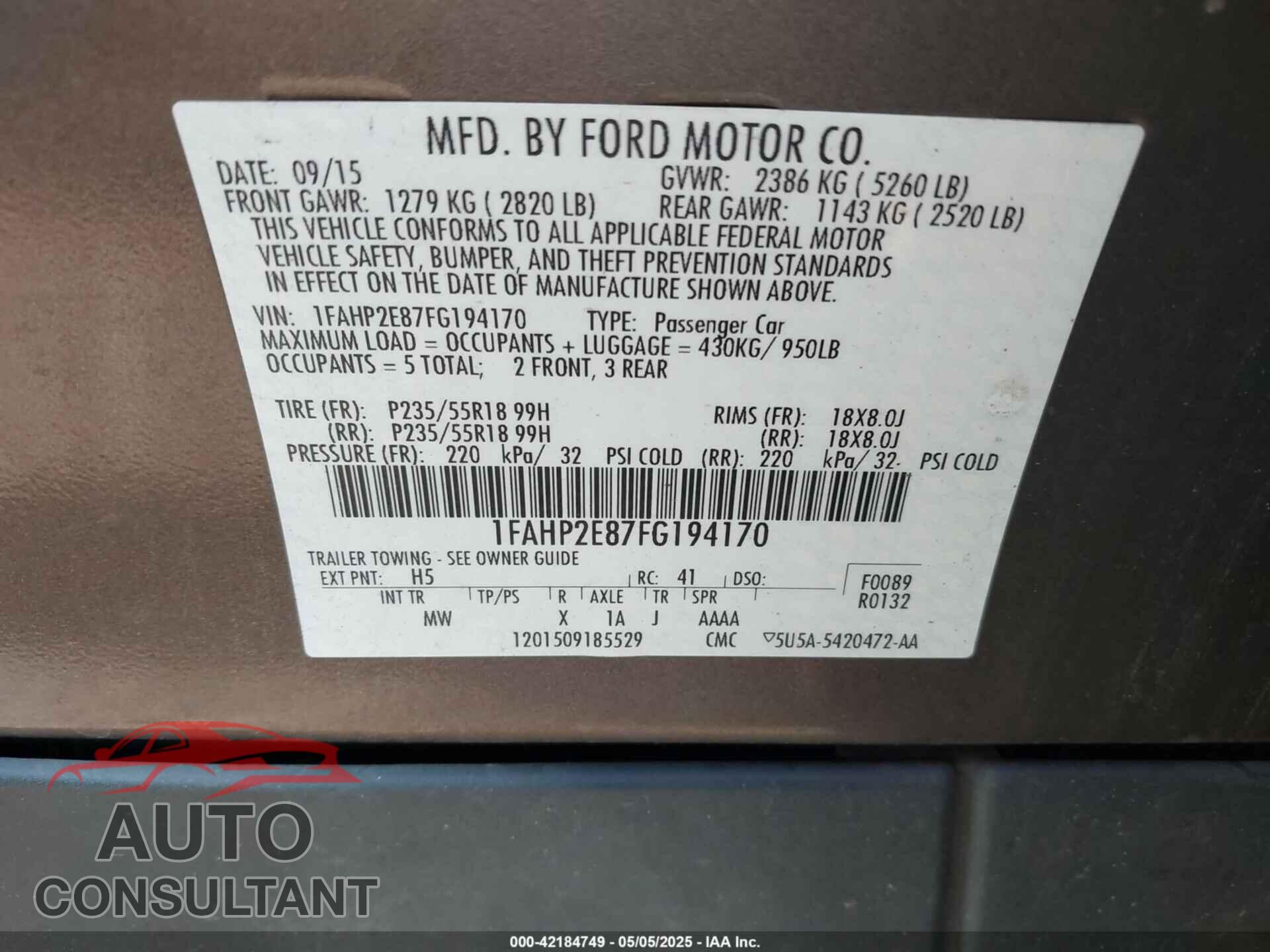 FORD TAURUS 2015 - 1FAHP2E87FG194170