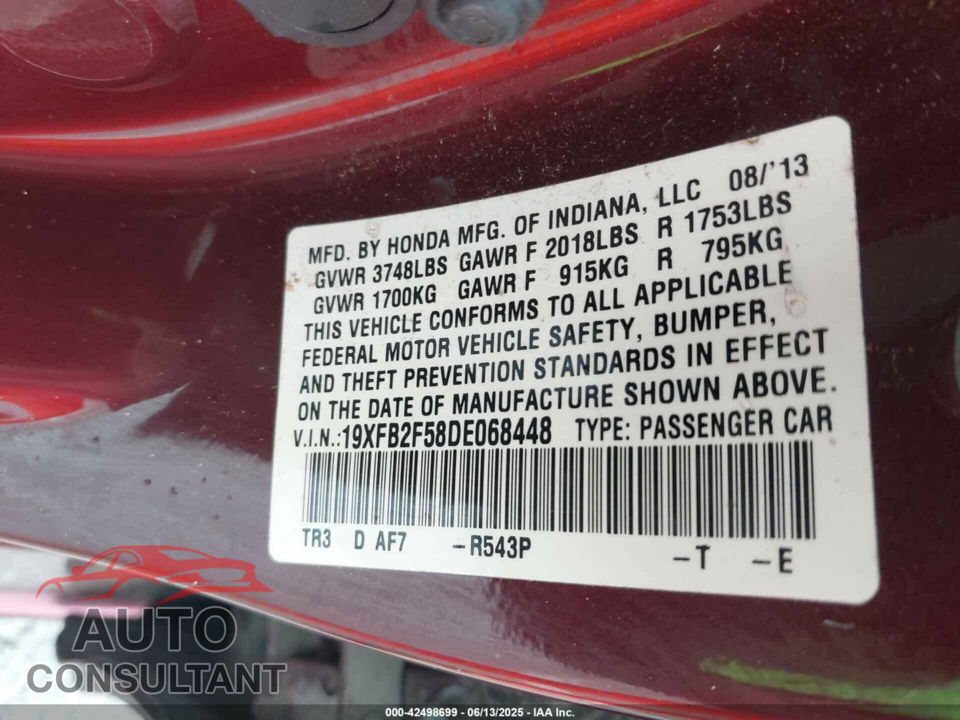 HONDA CIVIC 2013 - 19XFB2F58DE068448