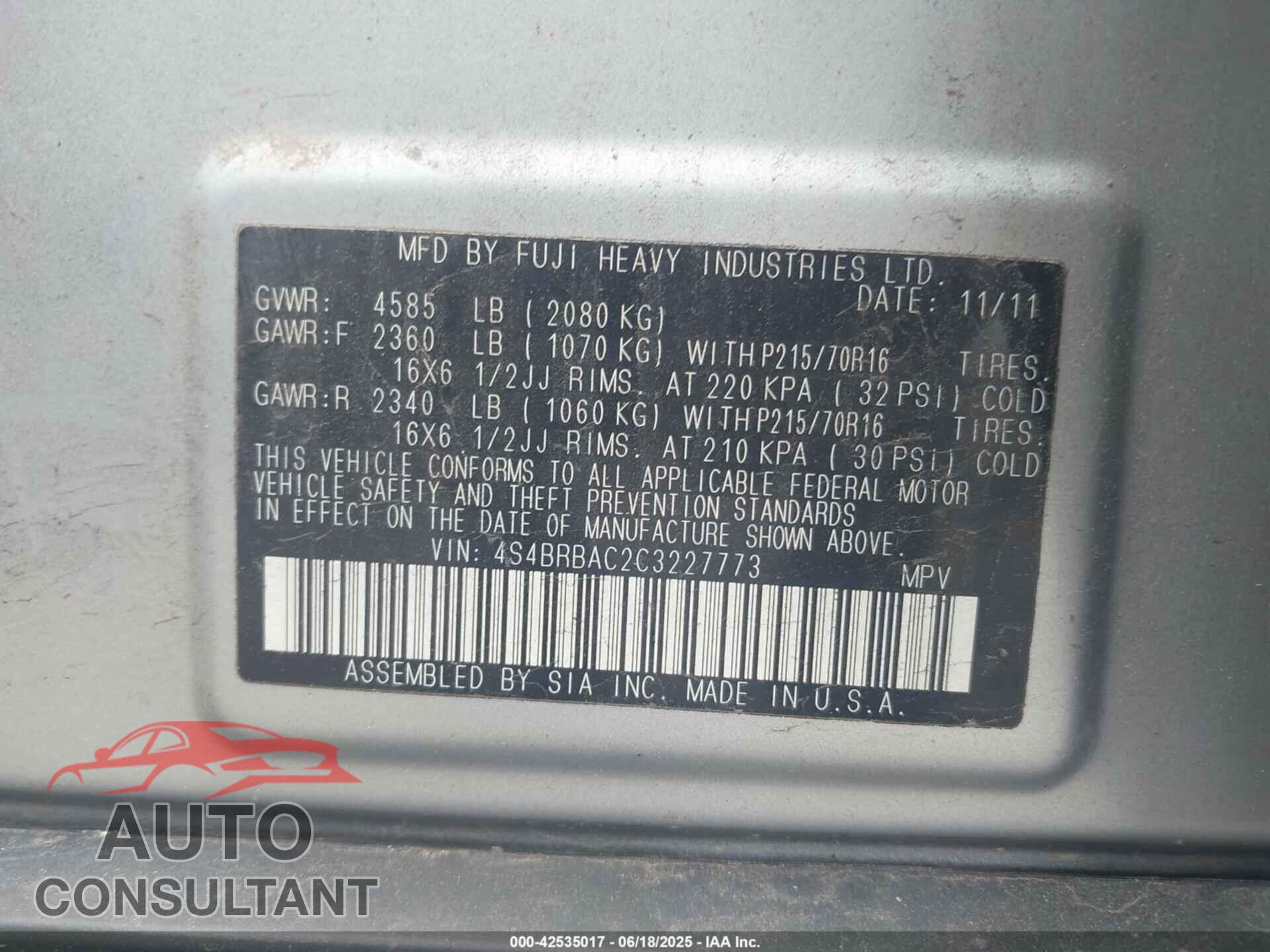 SUBARU OUTBACK 2012 - 4S4BRBAC2C3227773