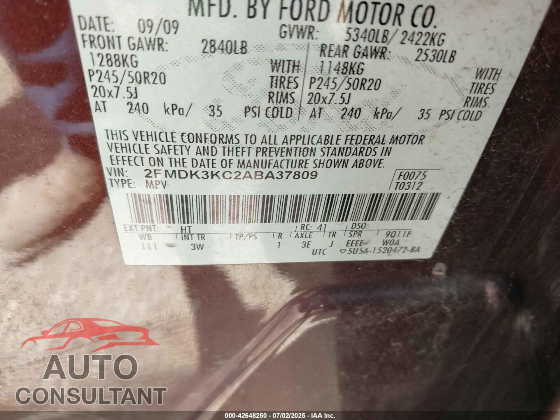 FORD EDGE 2010 - 2FMDK3KC2ABA37809