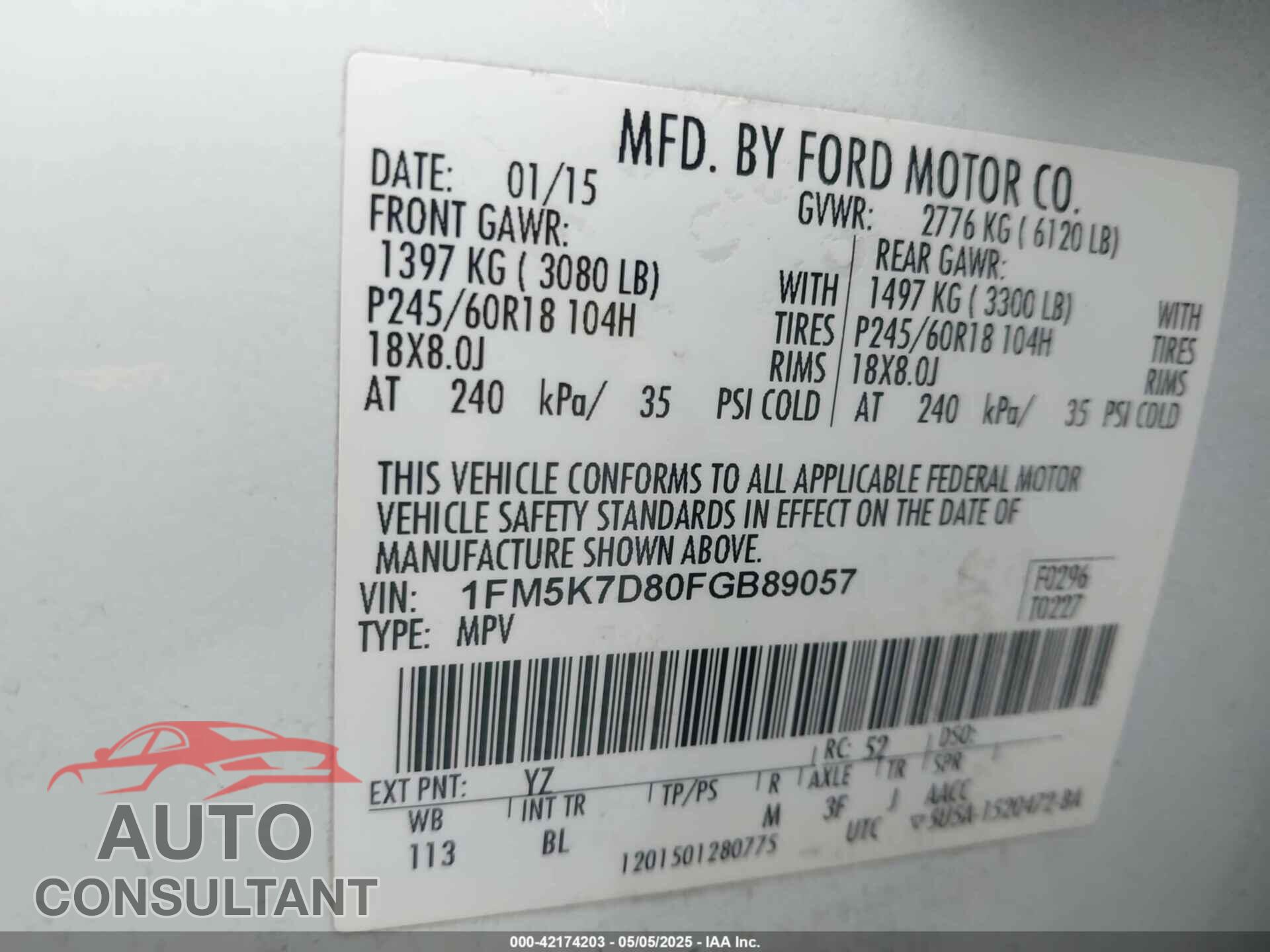 FORD EXPLORER 2015 - 1FM5K7D80FGB89057